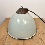 Industrial White Grey Enamel Factory Lamp with Cast Iron Top, 1960s