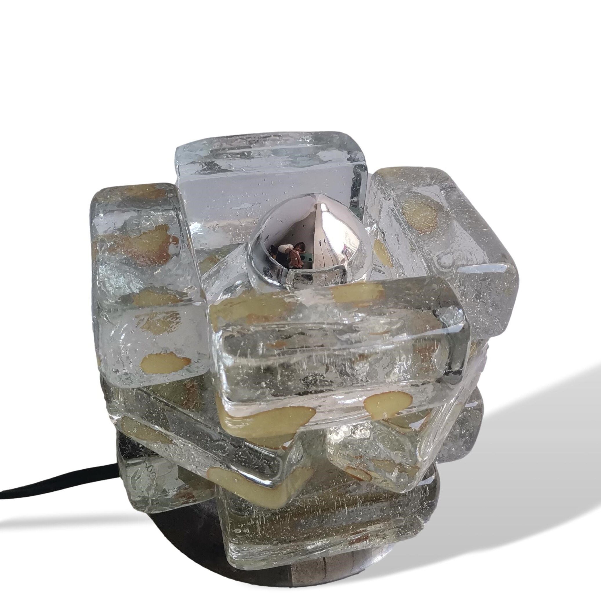 Brutalist solid bubble glass clear and red table lamps 1960s, set of 2