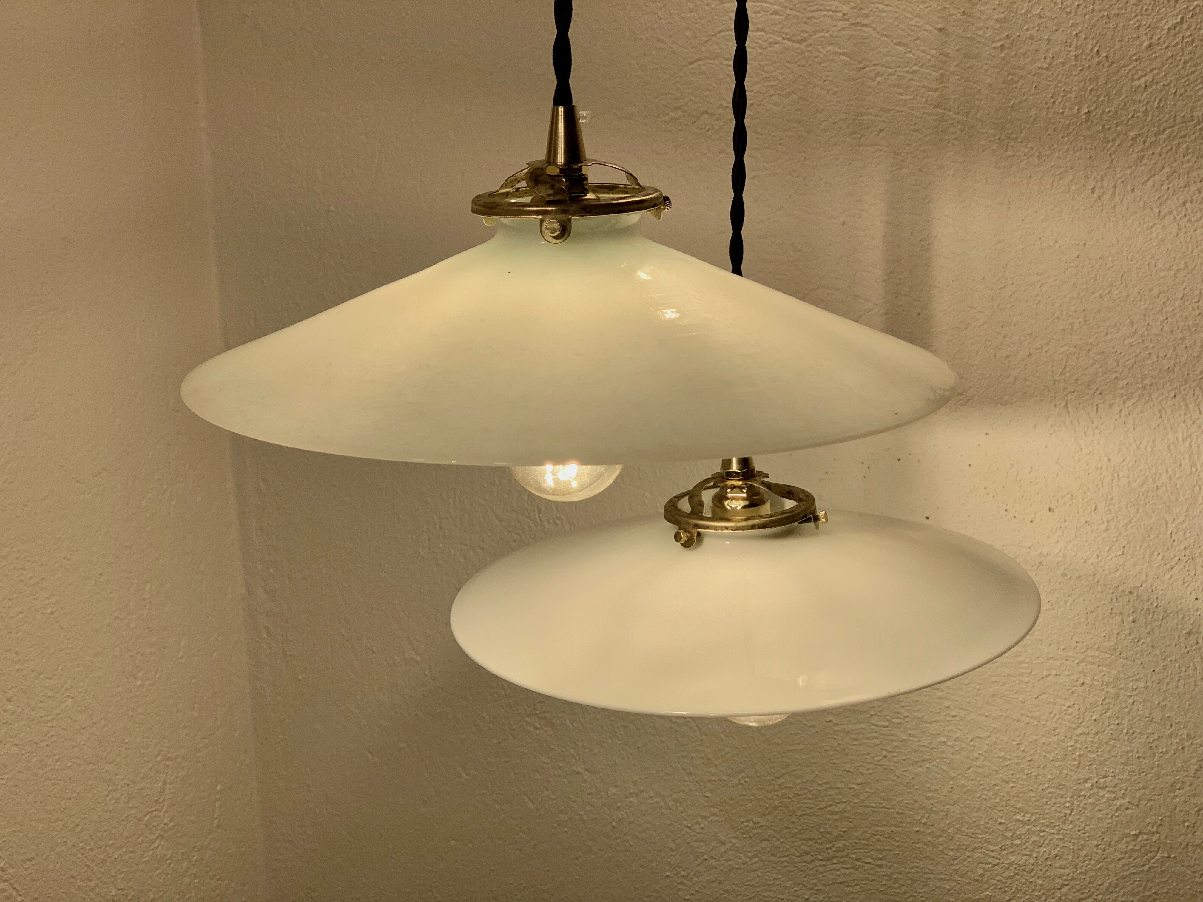 Pair of suspensions bistrot 1920 opaline indus