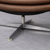 Vintage Mid-Century Danish Modern Brown Leather Swivel Chair and Ottoman