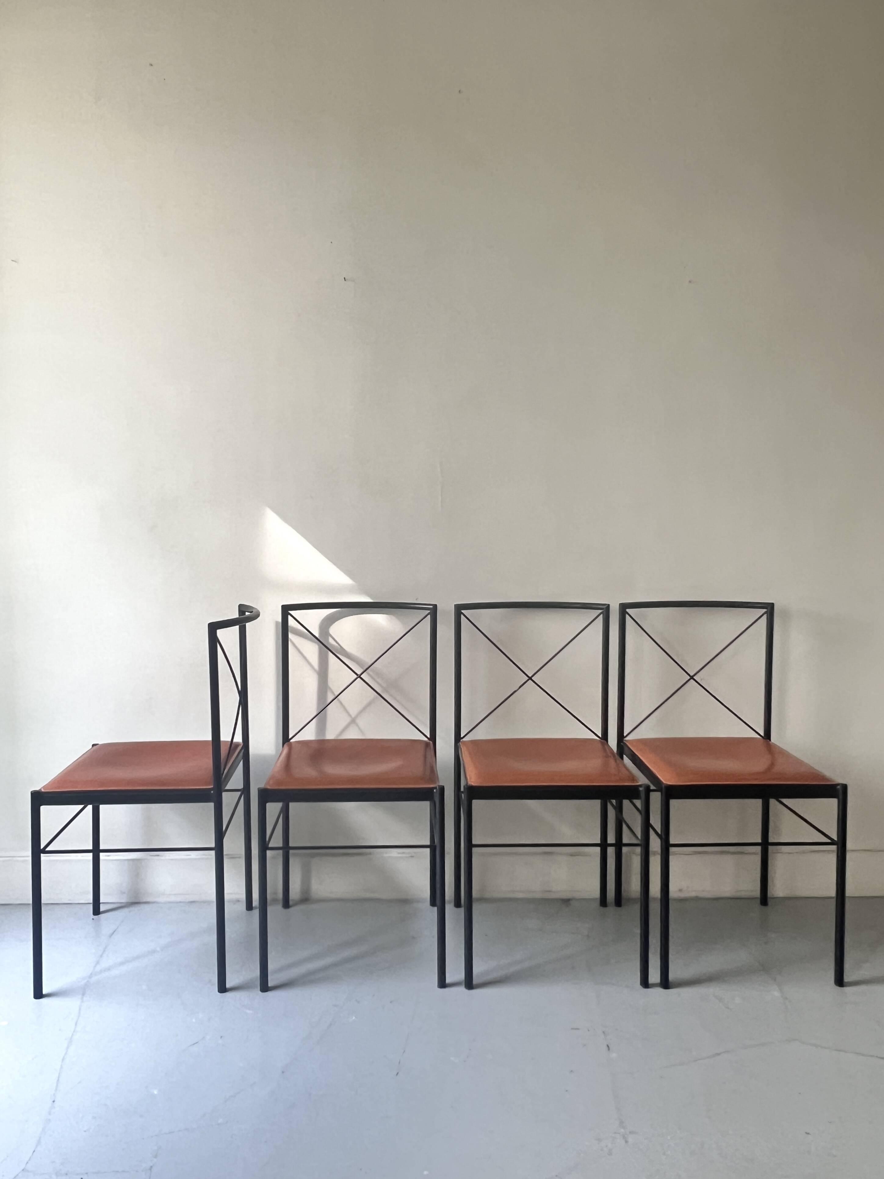 Set of 4 designer chairs in metal and cognac leather by Arrben Italy