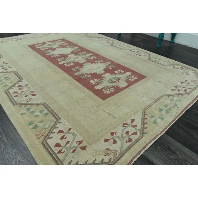1970s Vintage Turkish Oushak Handmade Wool Cotton Beige Area Rug 158x229