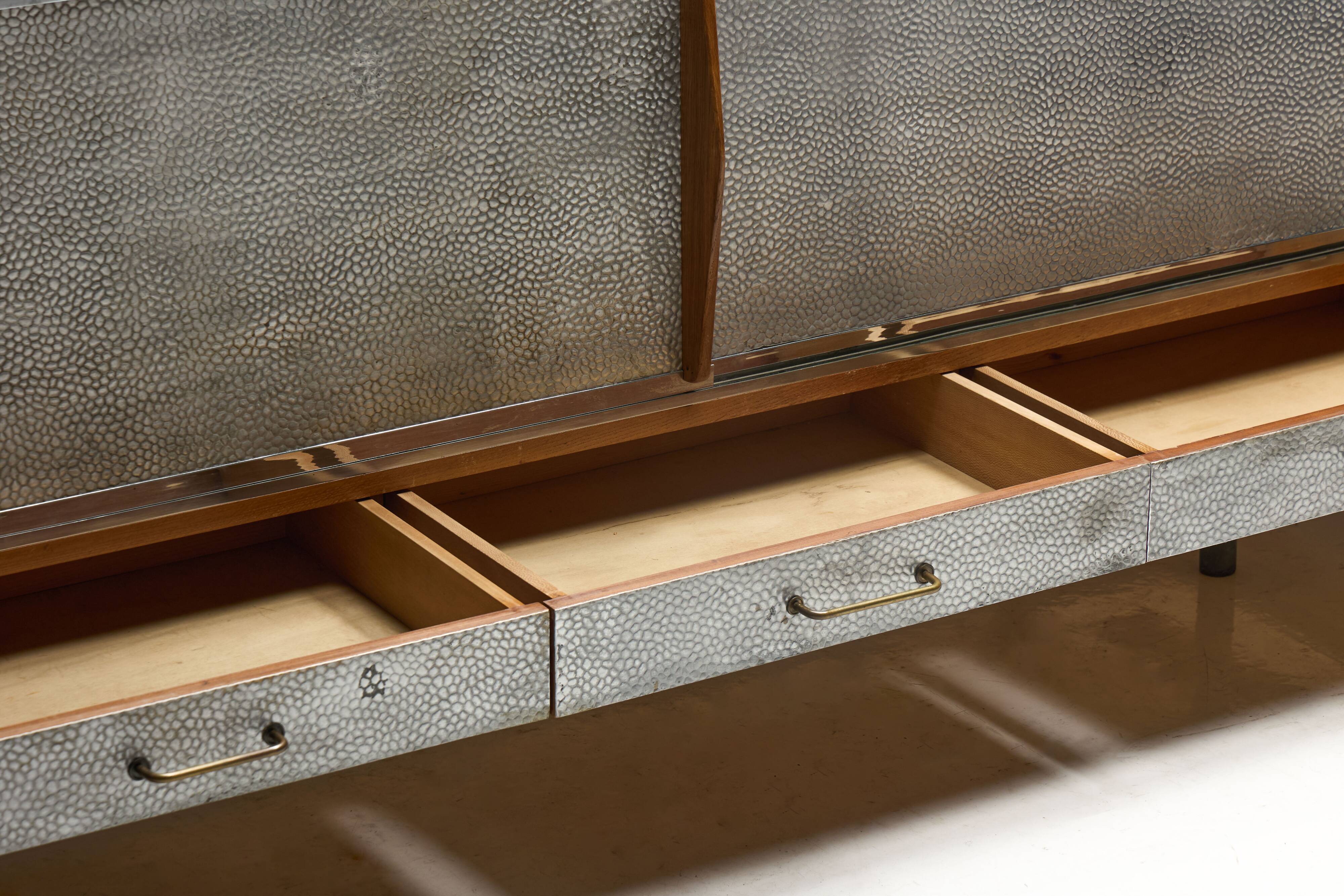 Mid-Century Modern Sideboard with Hammered Metal Façade, France, 1960s