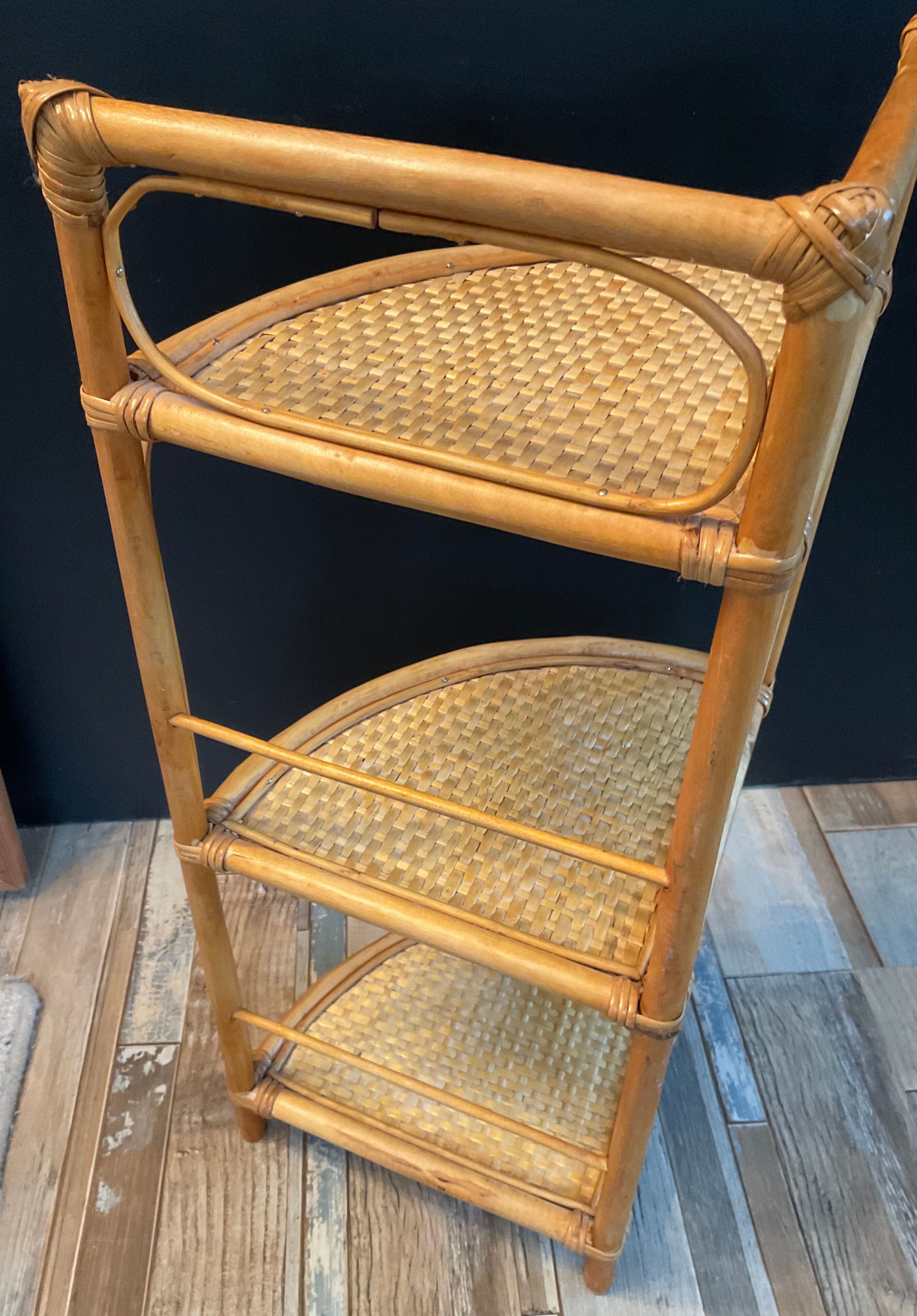 Vintage rattan and wicker corner shelf 70s