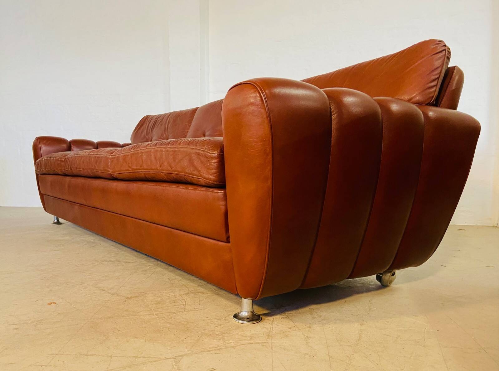 Retro vintage Danish 3 person Svend Skipper sofa in chestnut brown leather