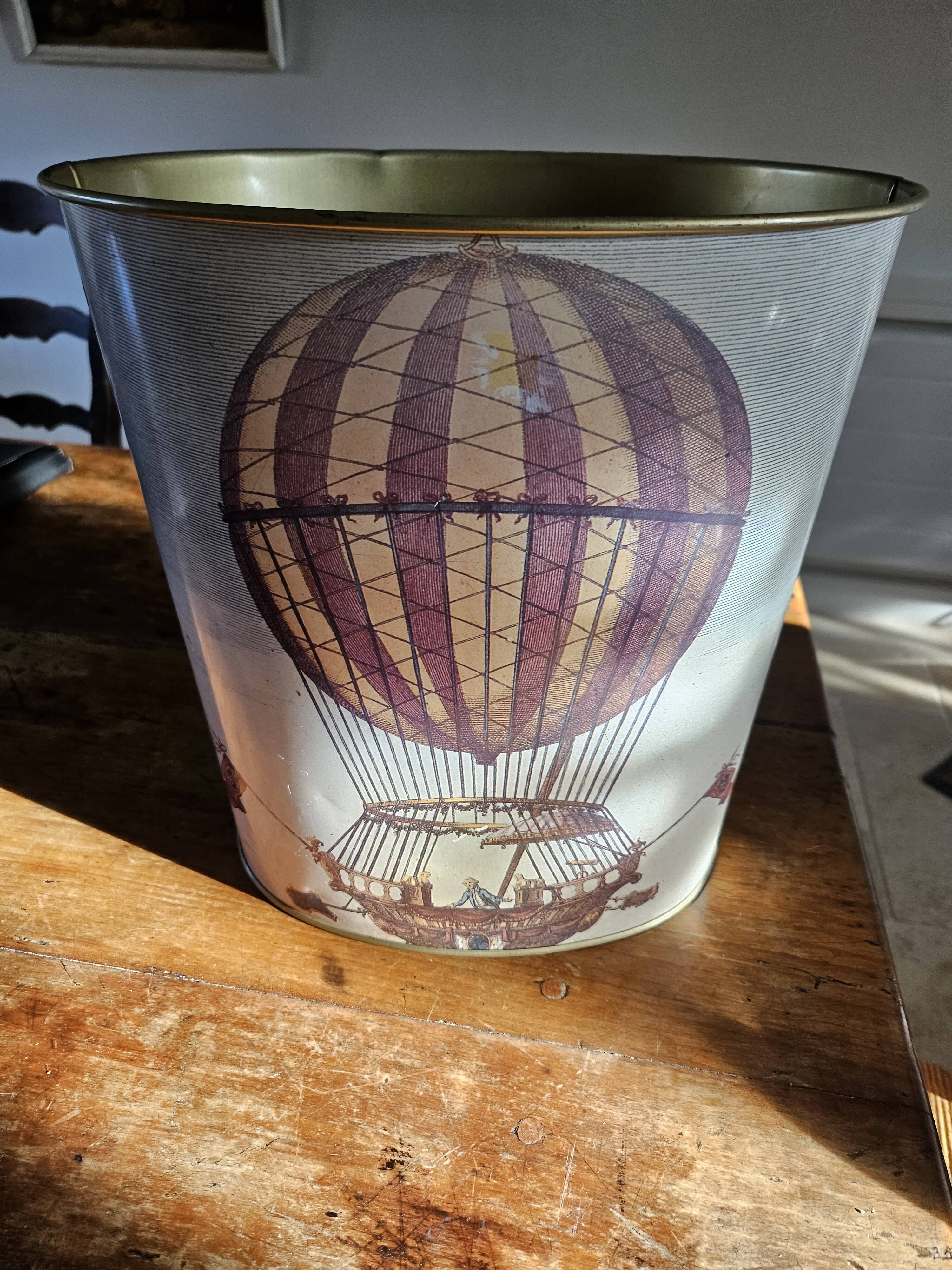 Vintage paper bin Massilly France – hot air balloon design, 1960s