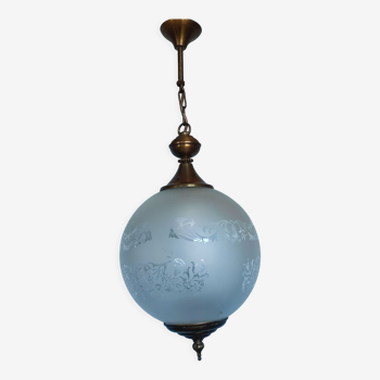 Ball pendant light in frosted glass and vintage metal