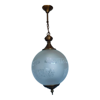 Ball pendant light in frosted glass and vintage metal