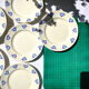 Set of eight dessert plates – blue cherry patterns – stamped