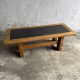 Vintage Oak Coffee Table with Belgian Blue Stone Top — Natural Oak & Dark Slate Grey, 1950s