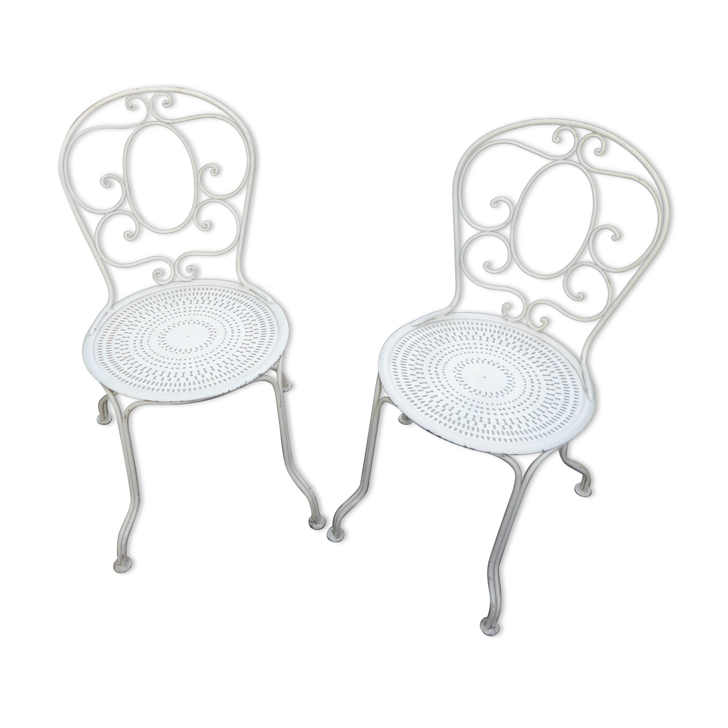 Pair of old wrought iron garden chairs