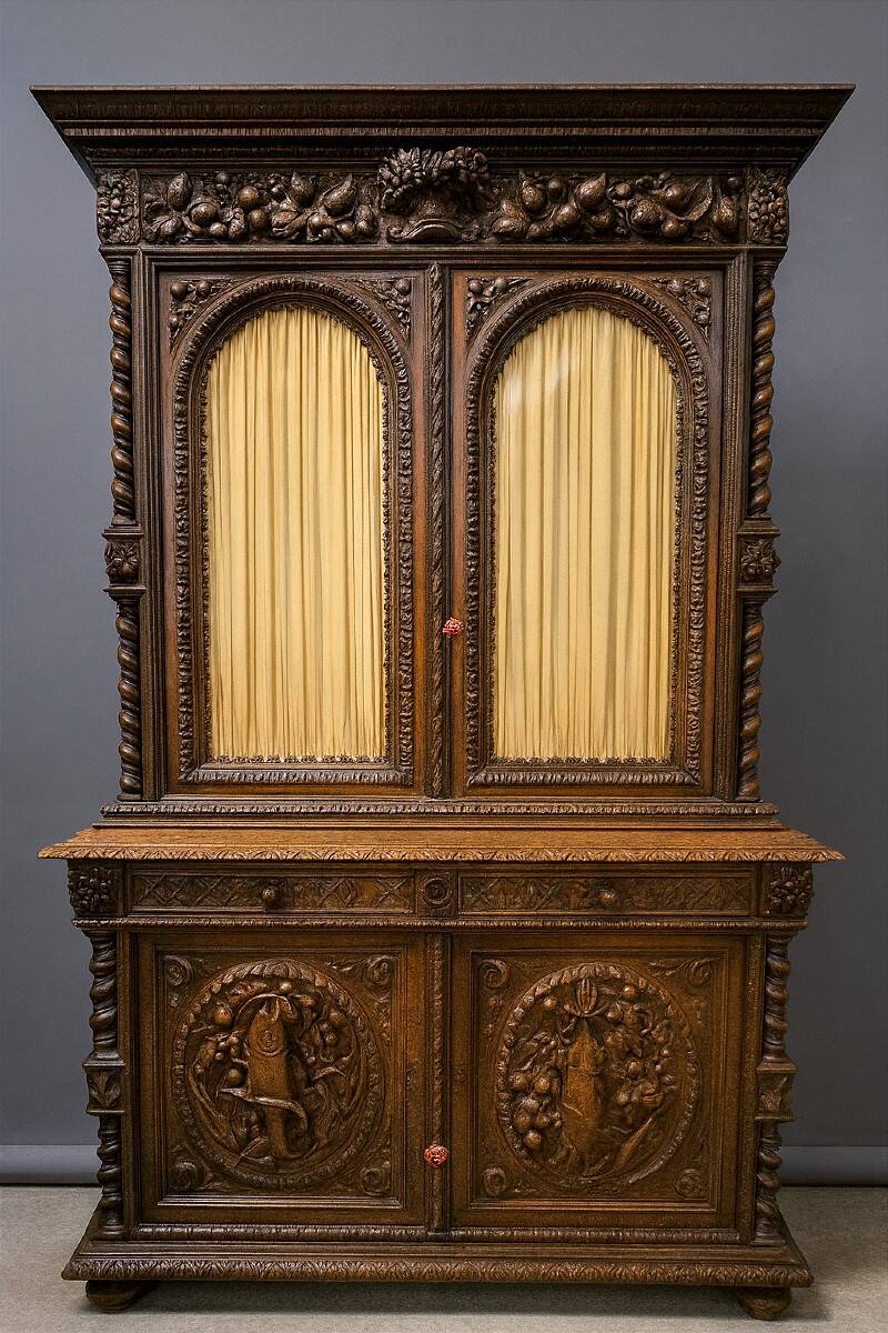 Two-body buffet in solid oak, richly carved in the Renaissance style.