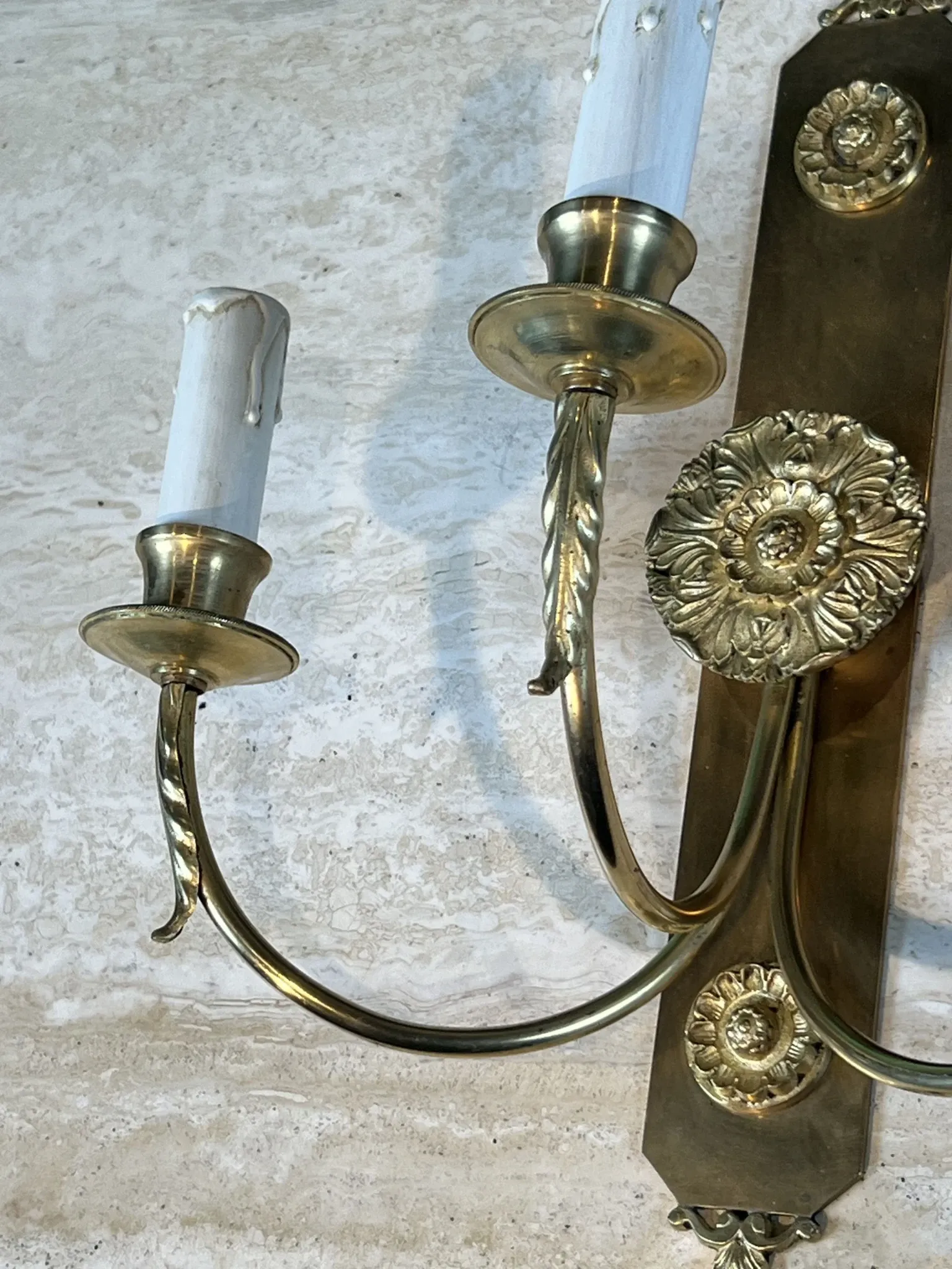 Pair of Neoclassical Wall Lights with Three Arms in Brass with Decoration