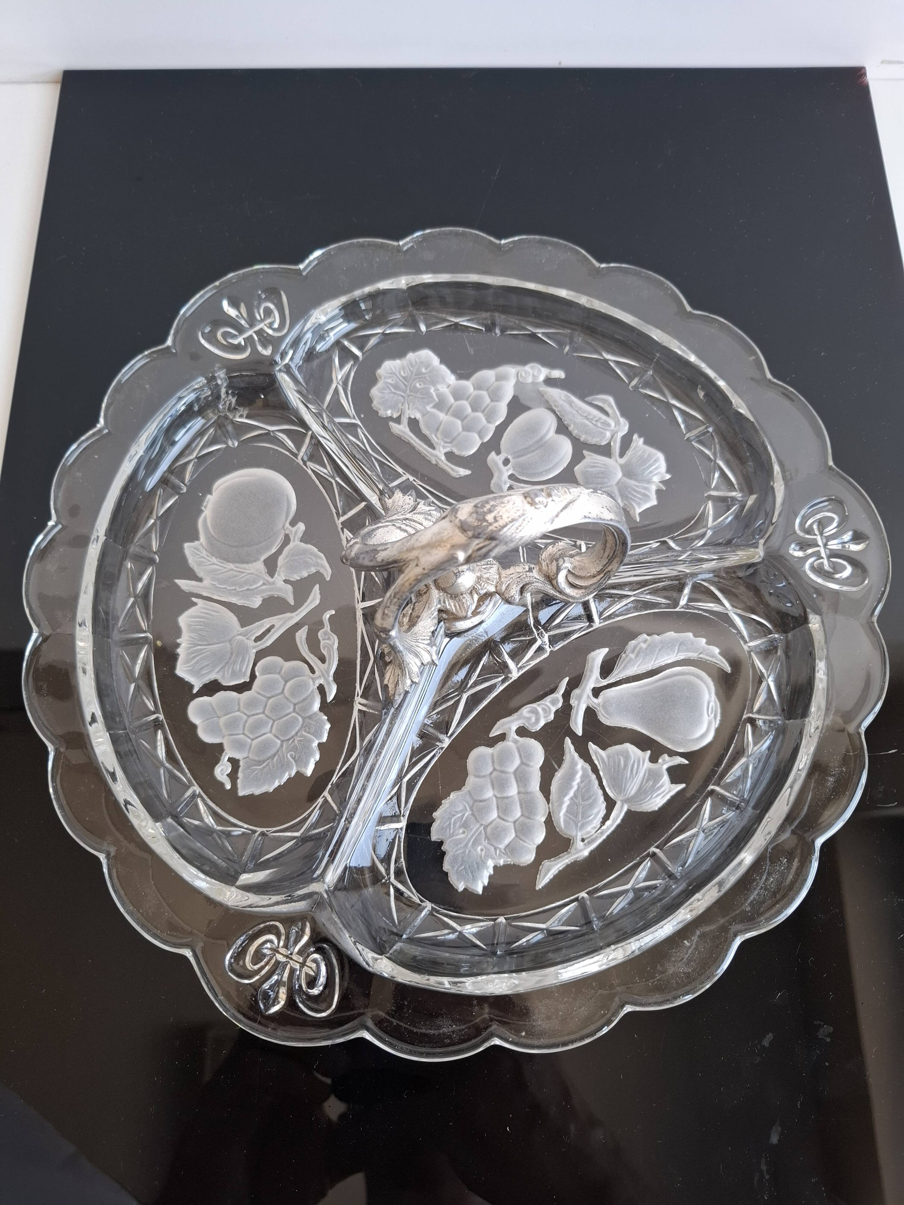 Art Deco Pressed Glass Divided Serving Dish with Alpaca Handle, 1930