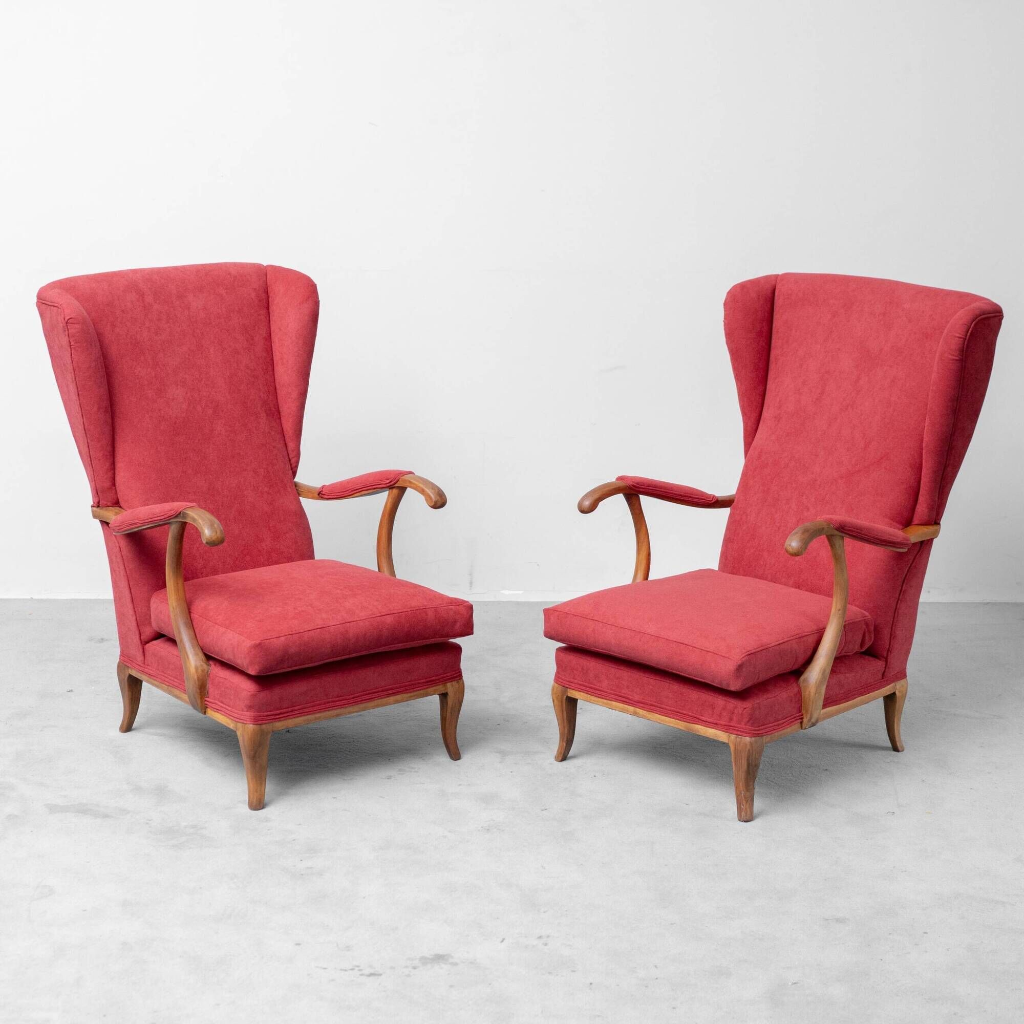 Pair of vintage armchairs attributed to Paolo Buffa in red fabric from the 1950s.