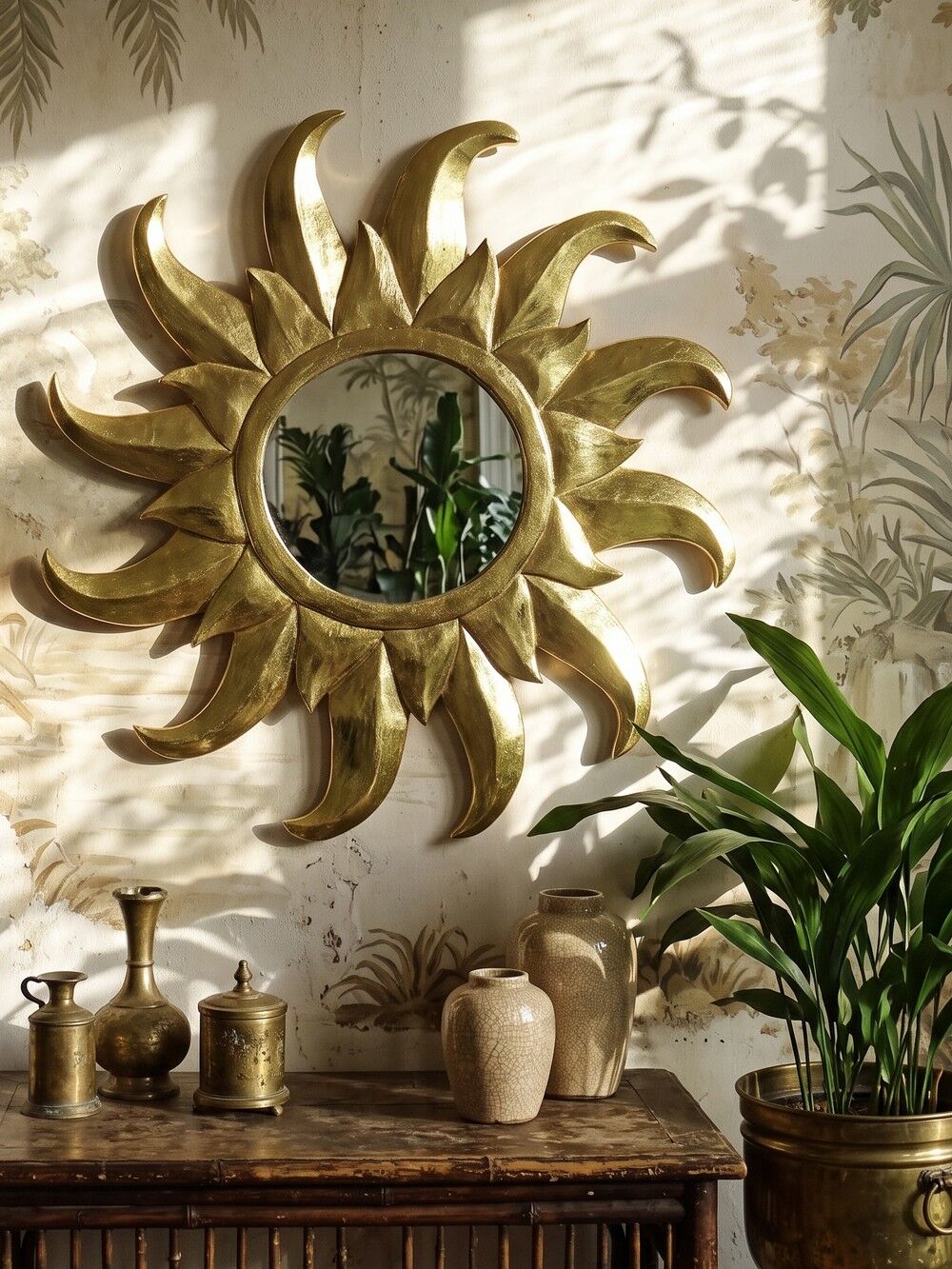 Large handcrafted sun mirror in wood and gilded stucco with gold leaf from the 1970s-80s.
