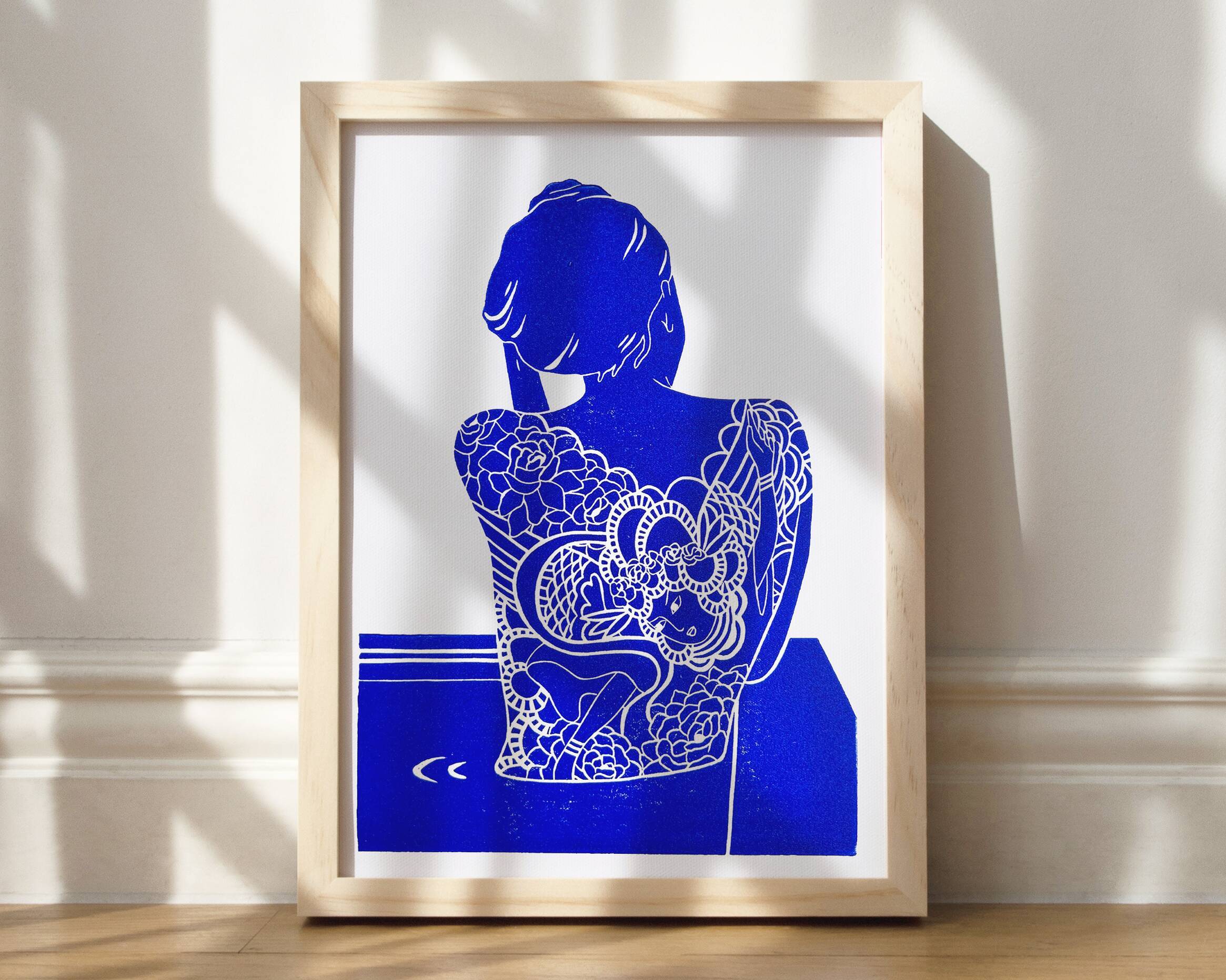 Original linocut - Tattooed Japanese woman