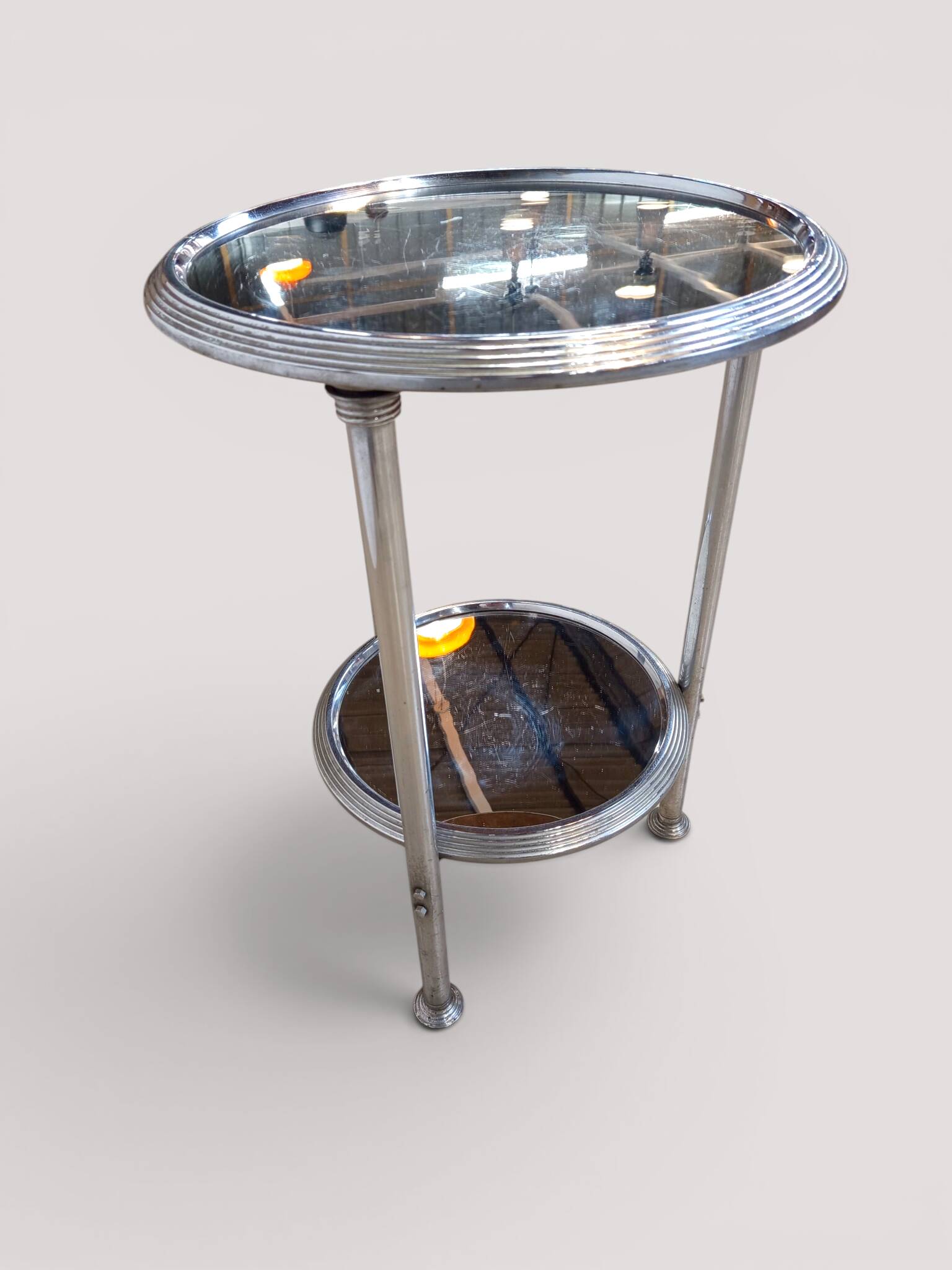 Art Deco tripod gueridon in chrome metal with double mirror top, 1930-19.