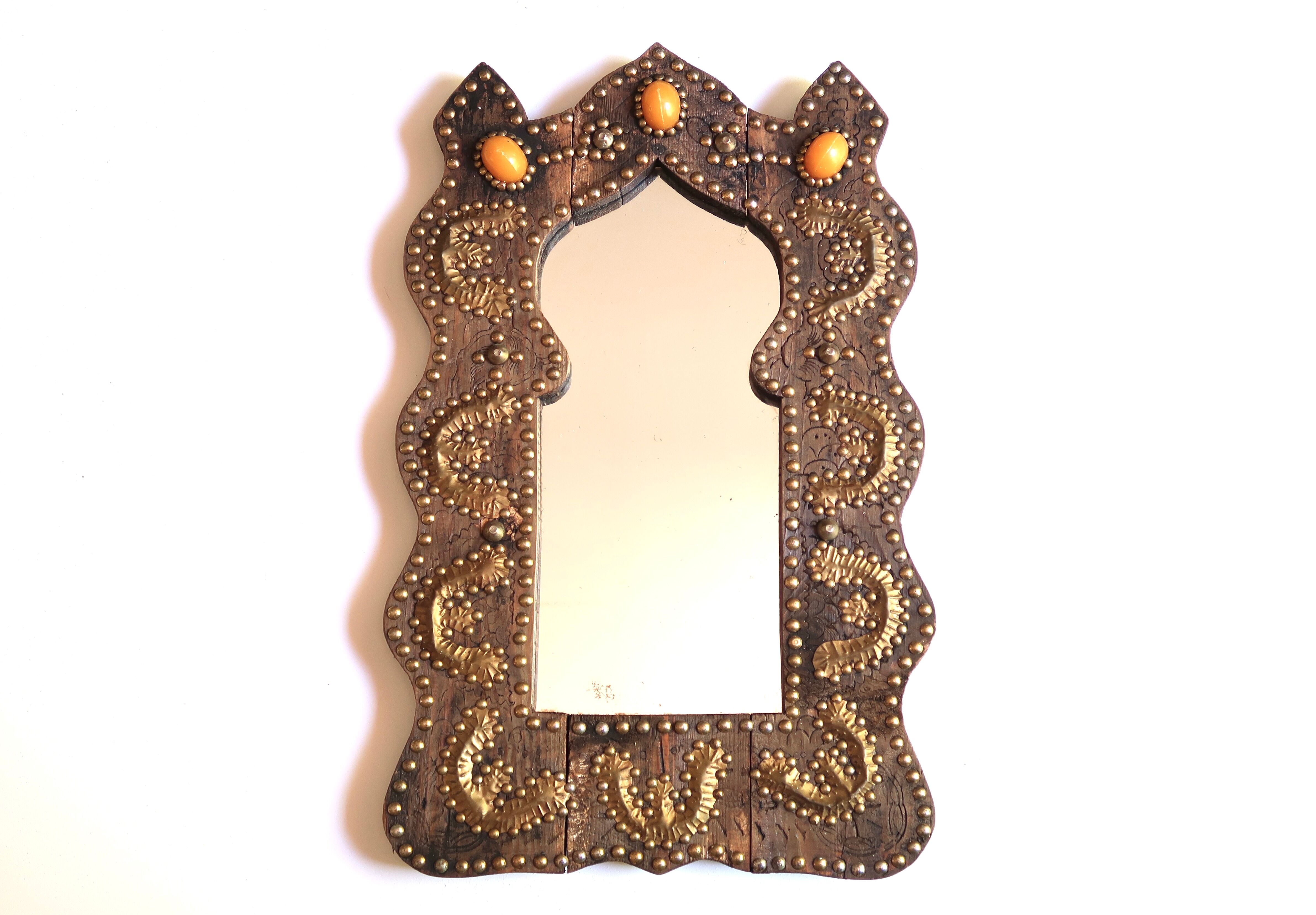 Moroccan wooden mirror decorated with brass, 70s