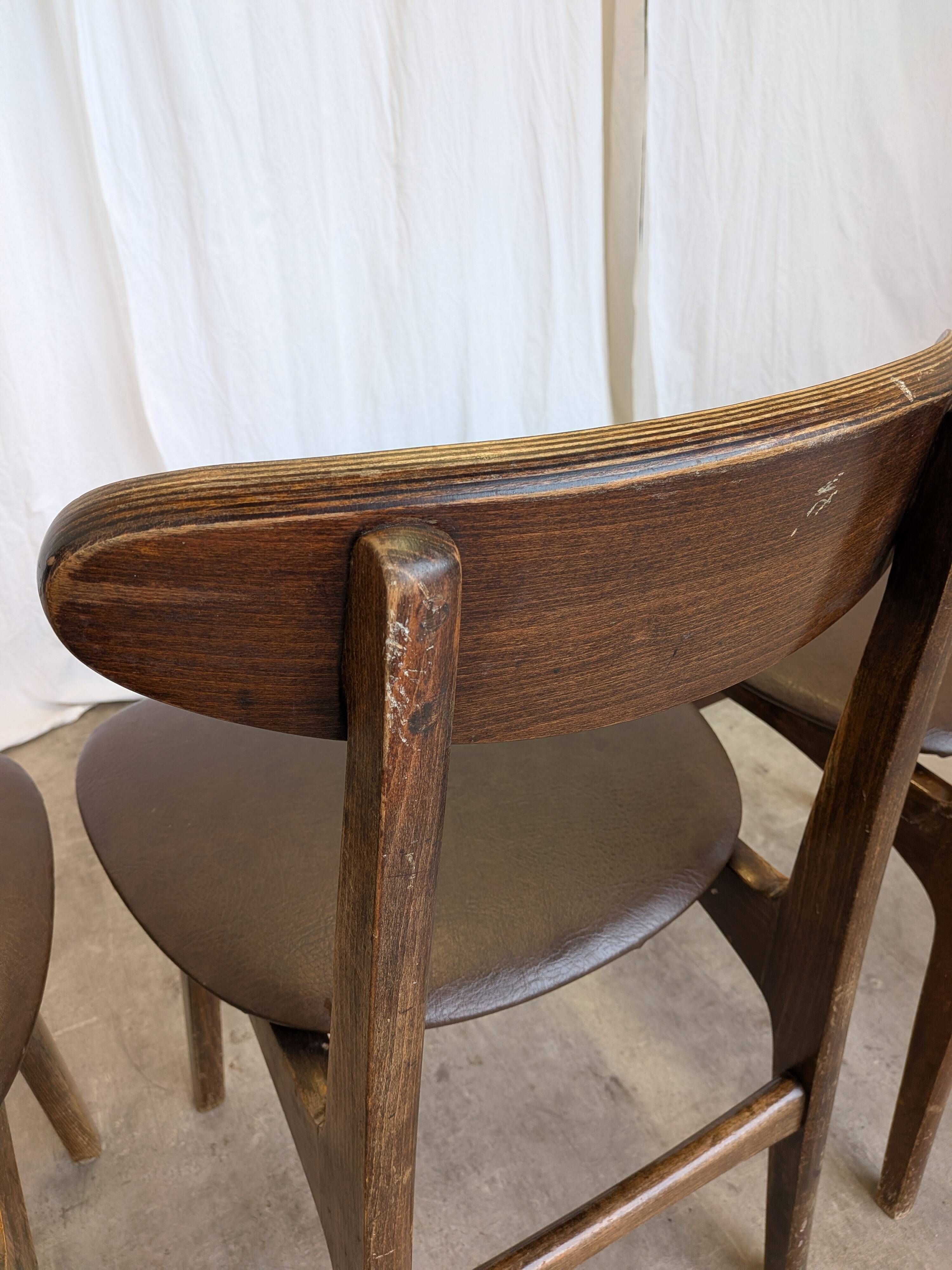 Set of 3 Vintage Wooden Dining Chairs with Brown Leather Seats / Mid-Centur