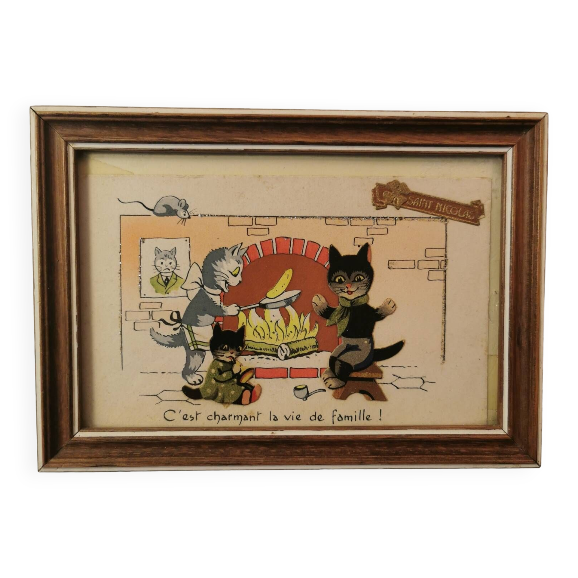 Small frame old postcard early 20th century little humanist cats st nicolas christmas