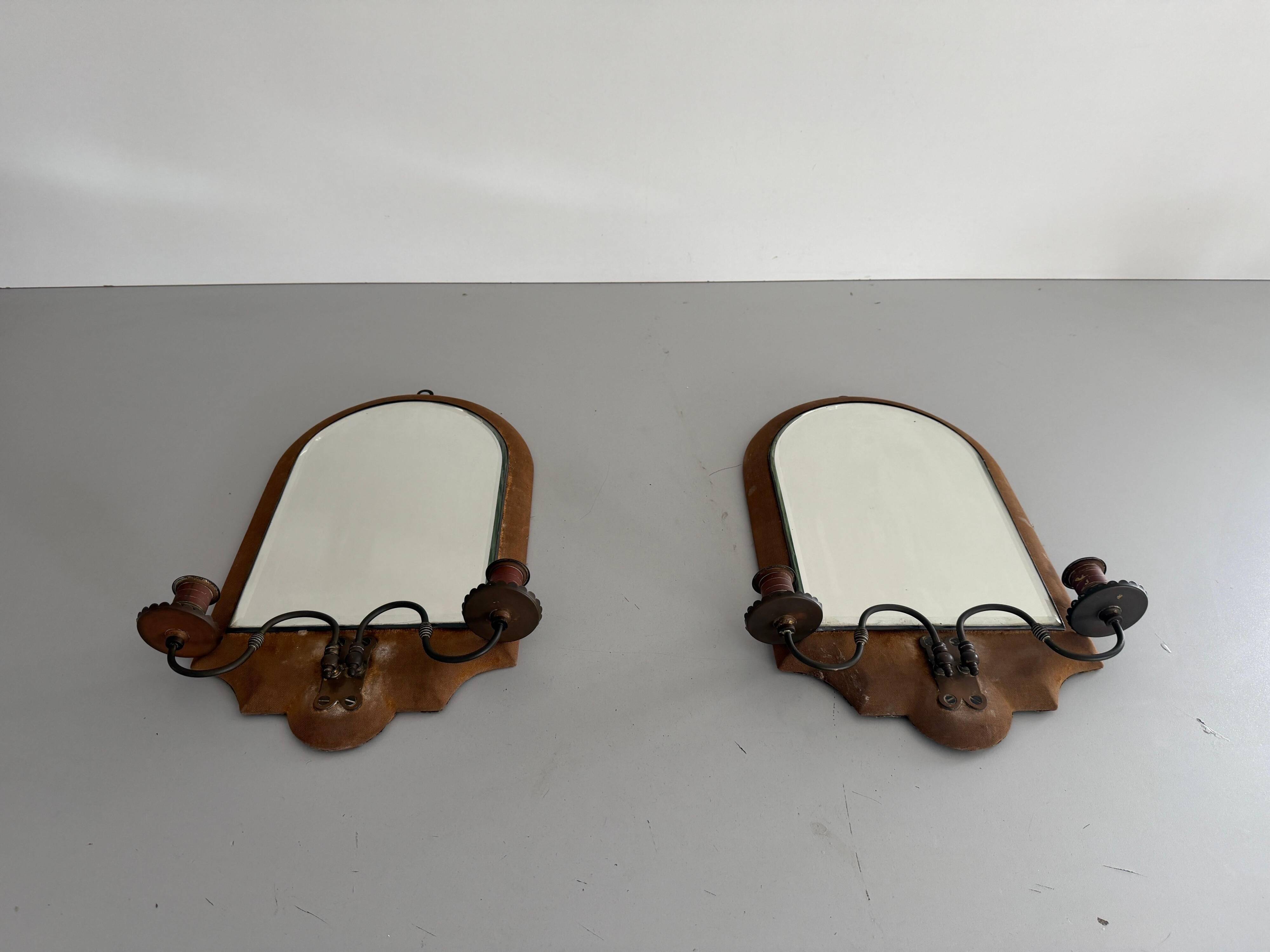 Pair of brass double-headed candlesticks with mirrors, 1940s, Italy