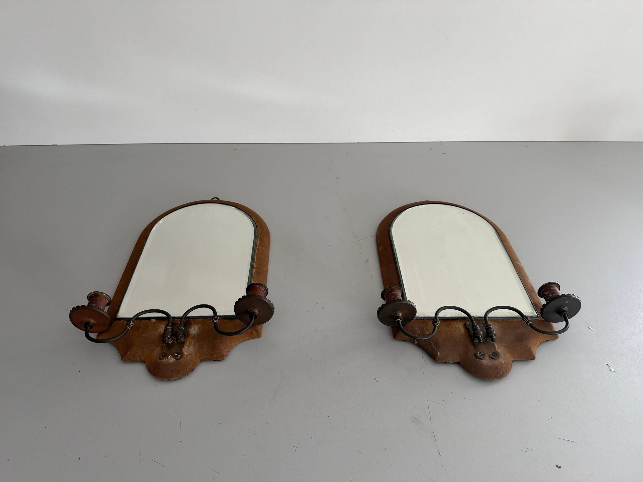 Pair of brass double-headed candlesticks with mirrors, 1940s, Italy