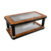Table basse en loupe de bois, verre et laiton de style Art Déco