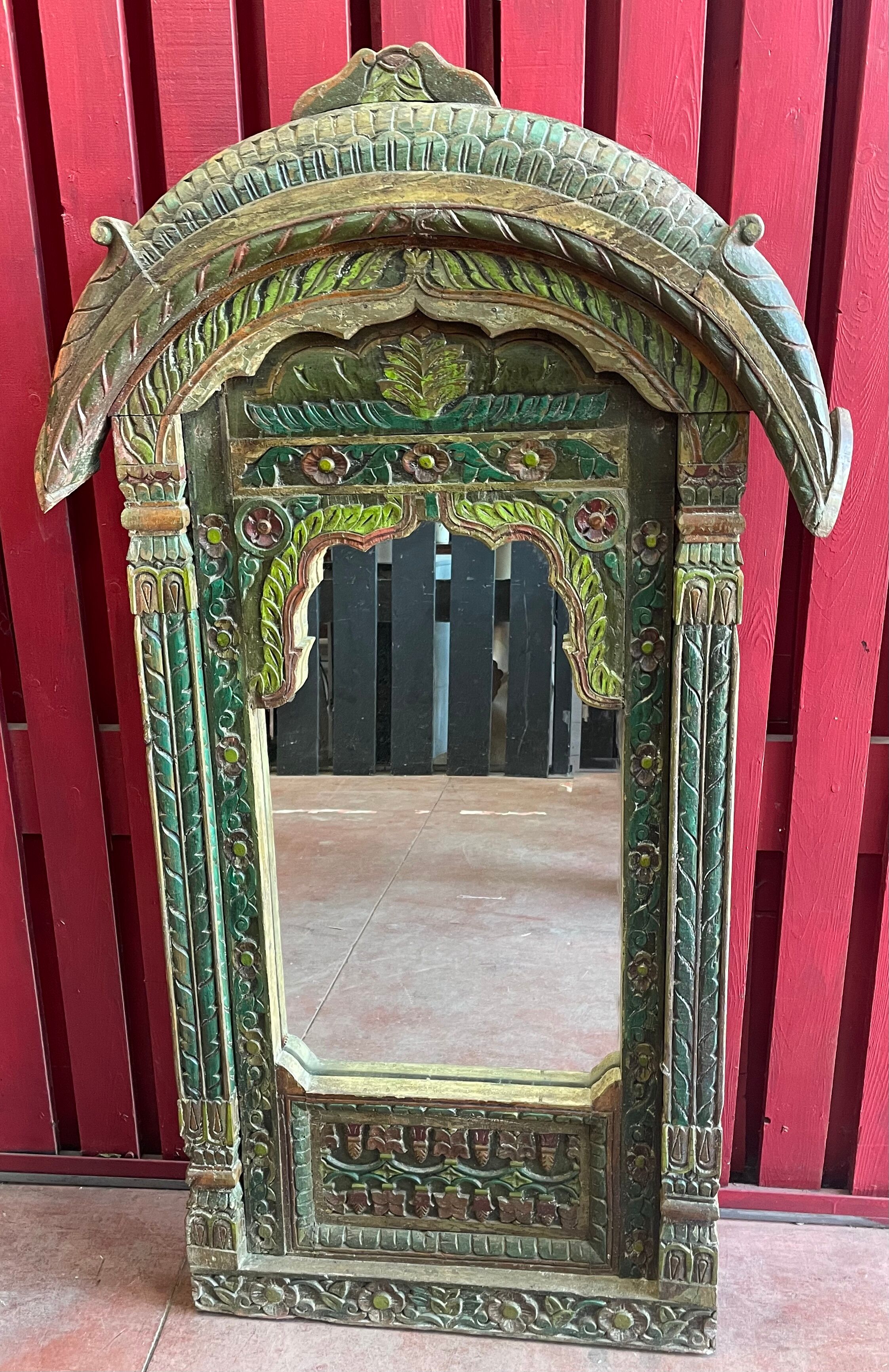 Polychrome teak mirror plant décor India Rajasthan late 1800 97x163cm