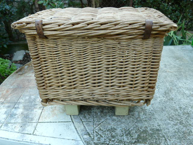 Old fishing basket rattan wood and leather