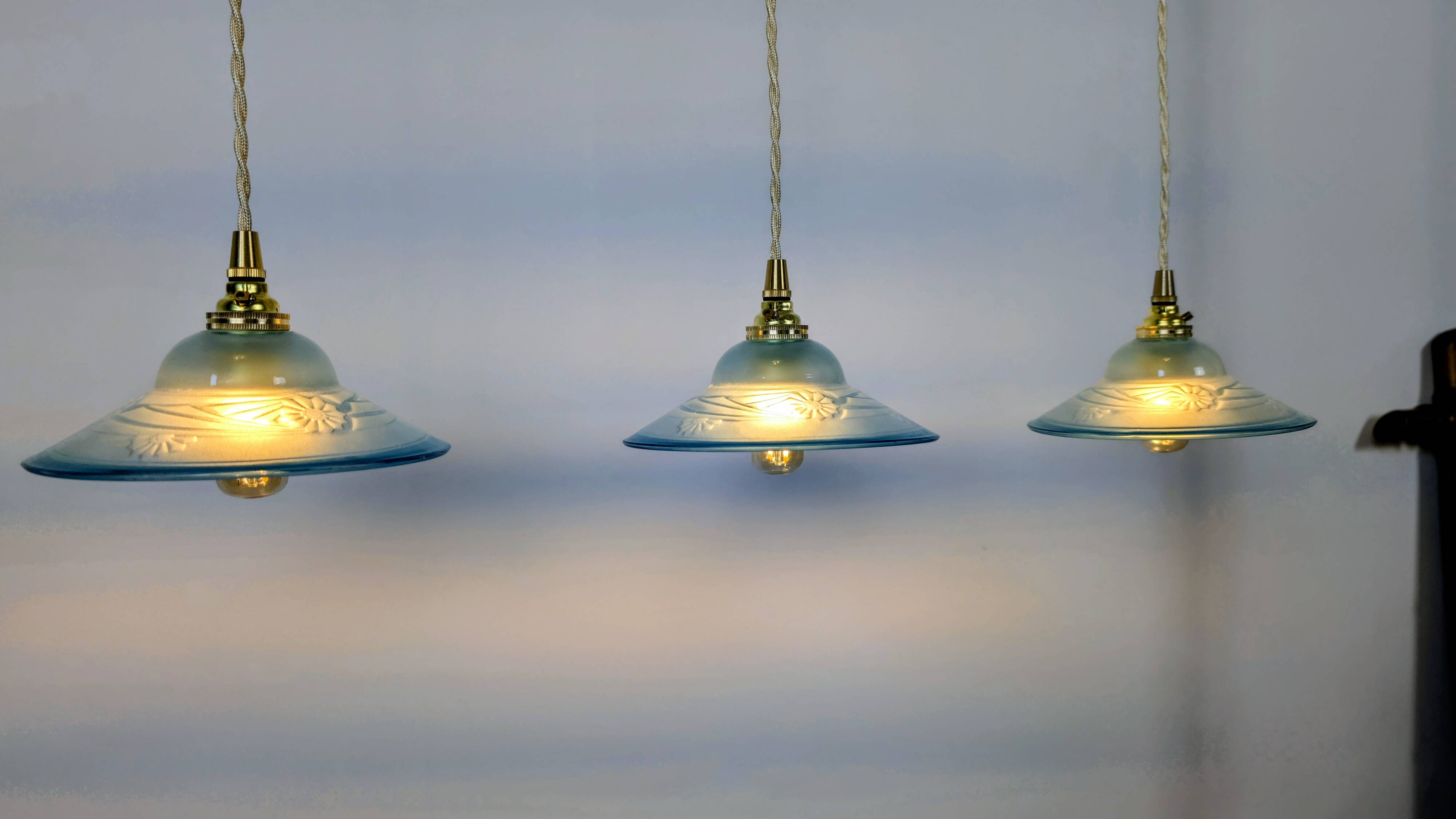 Art Deco blue glass pendant light, moulded glass shade — Ø19 cm — 3 available