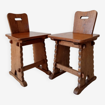 Pair of early 20th century folk art mountain chairs in solid oak