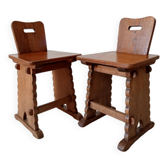 Pair of early 20th century folk art mountain chairs in solid oak