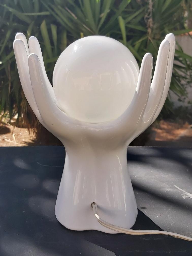 White ceramic hand lamp opaline ball 70s