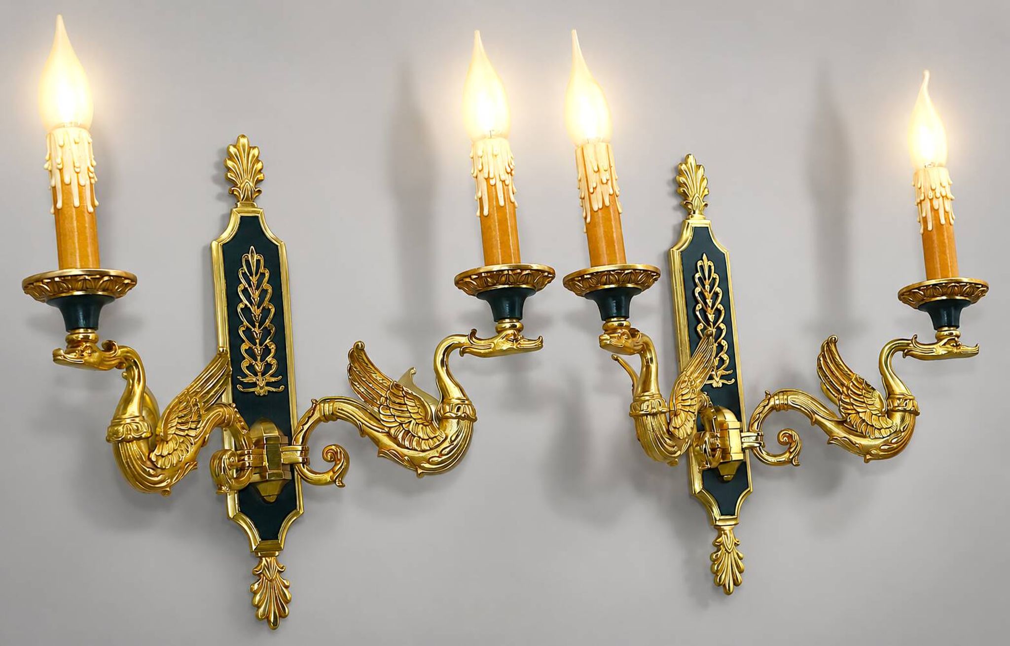 Pair of Gilded Bronze Wall Lights in Empire Style with Two Lights by Lucien Gau