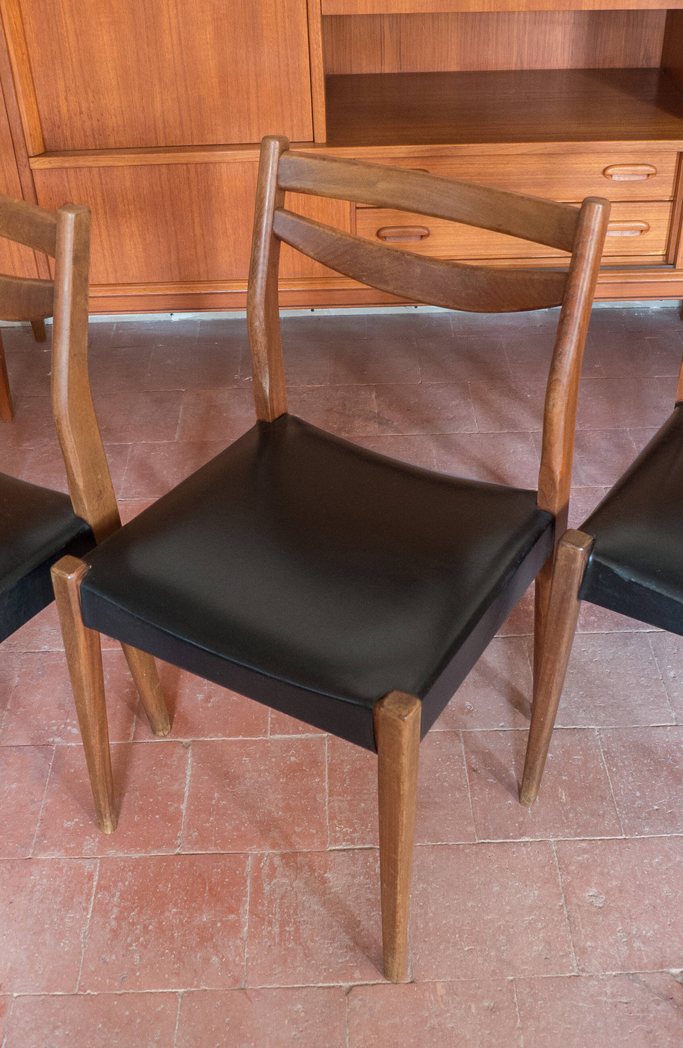 Set of 4 wooden and black faux leather chairs, Scandinavian style, wooden chair