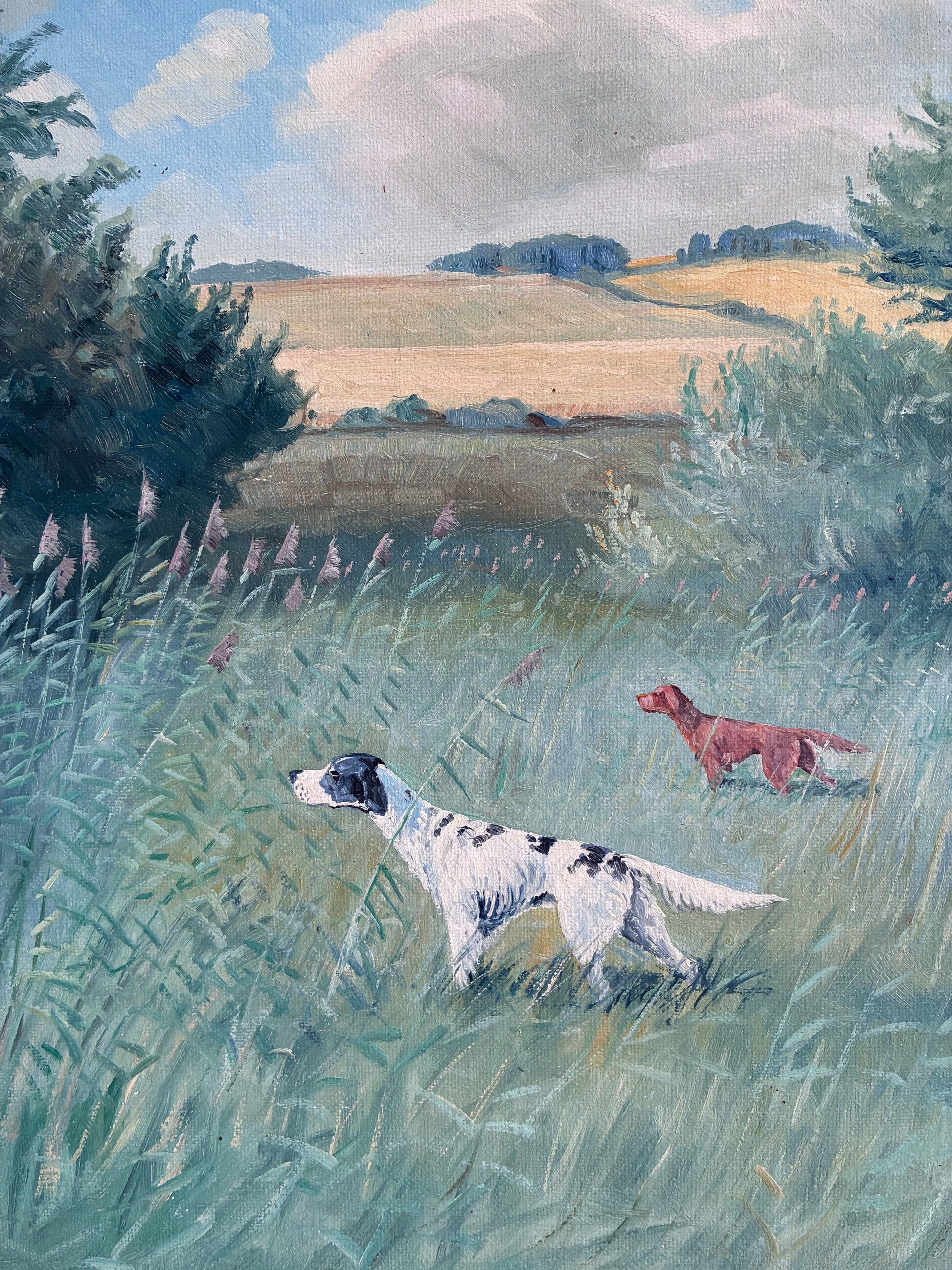 Large vintage original landscape dog oil painting