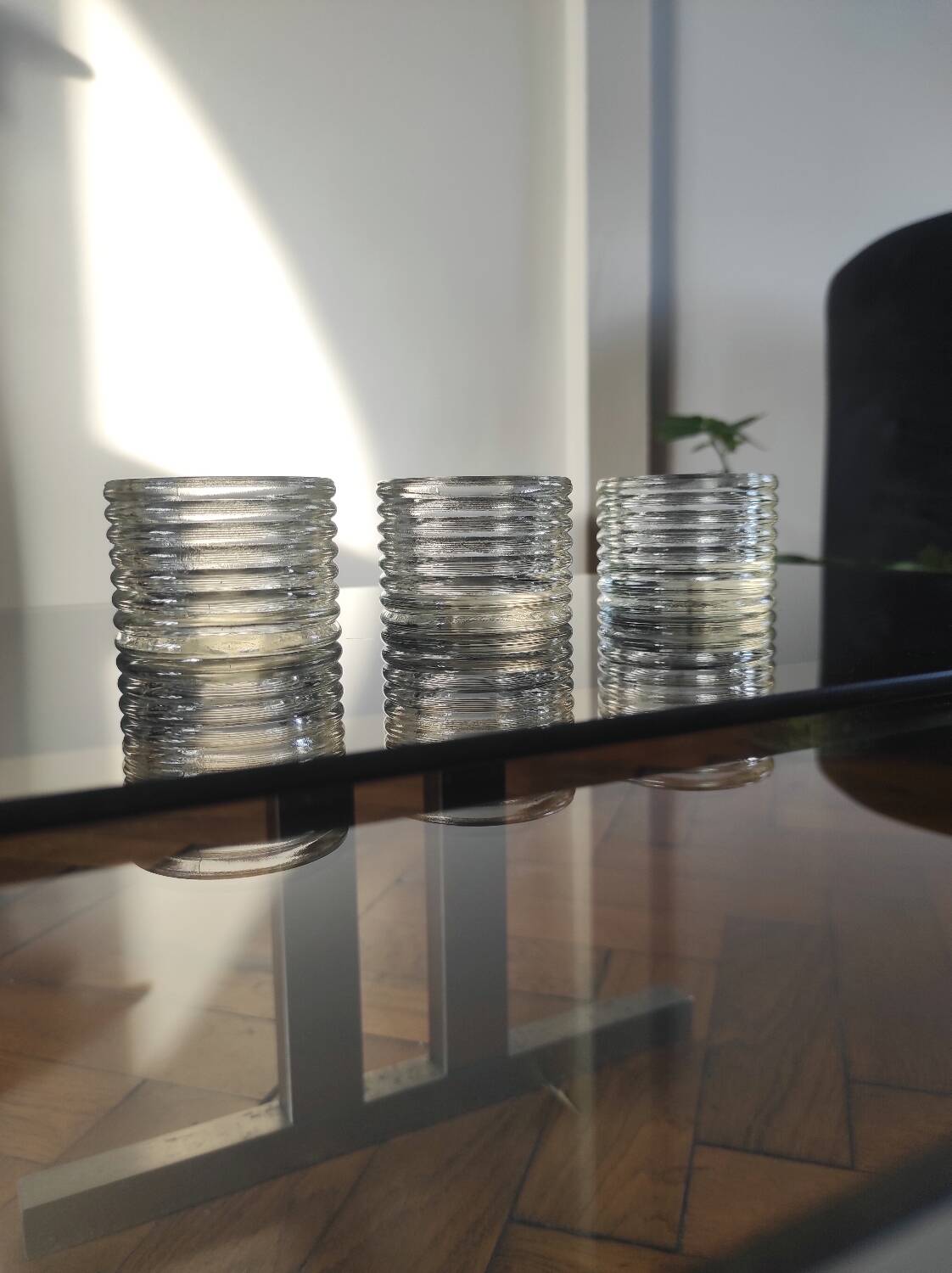 Set of 3 vintage ribbed pressed glass candle holders – 1970s