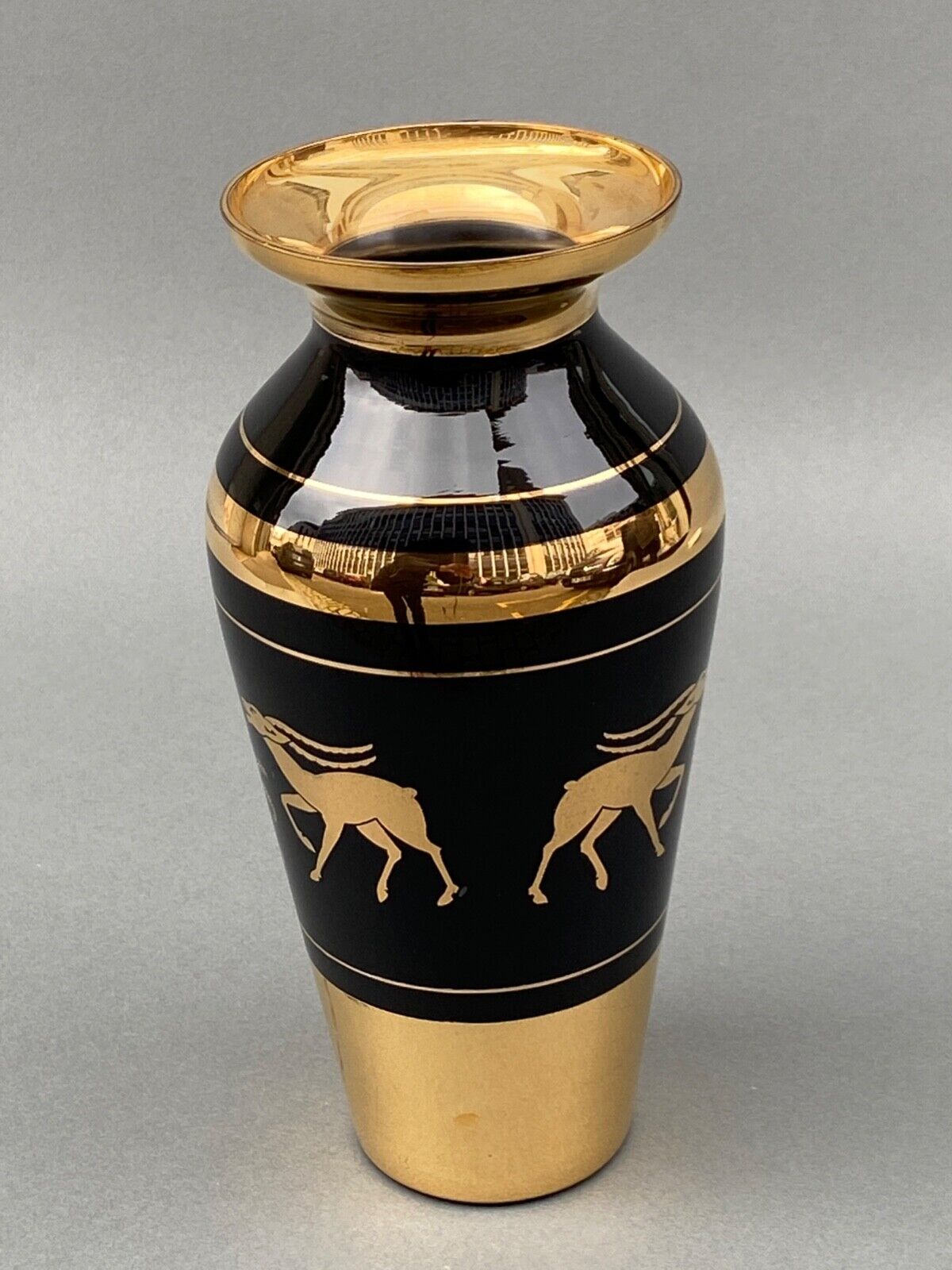 Vase in opaline or opaline glass 1960 decor golden antelopes