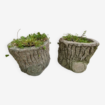 Pair of tree trunk cement planters