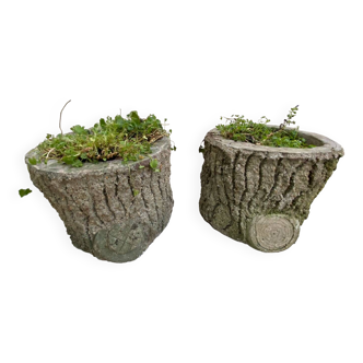 Pair of tree trunk cement planters