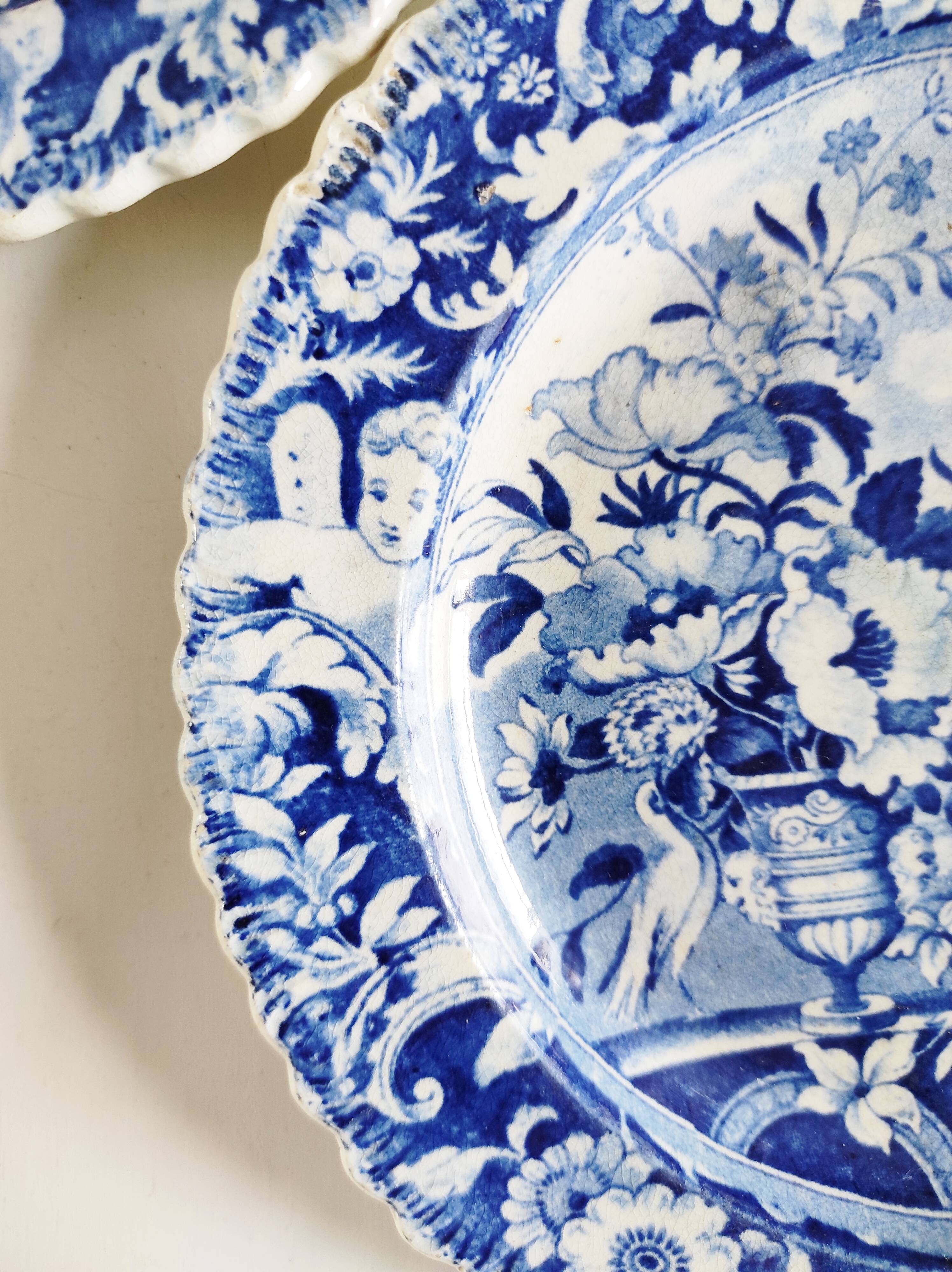 Five 19th century Calais earthenware plates with a romantic gallant couple decor