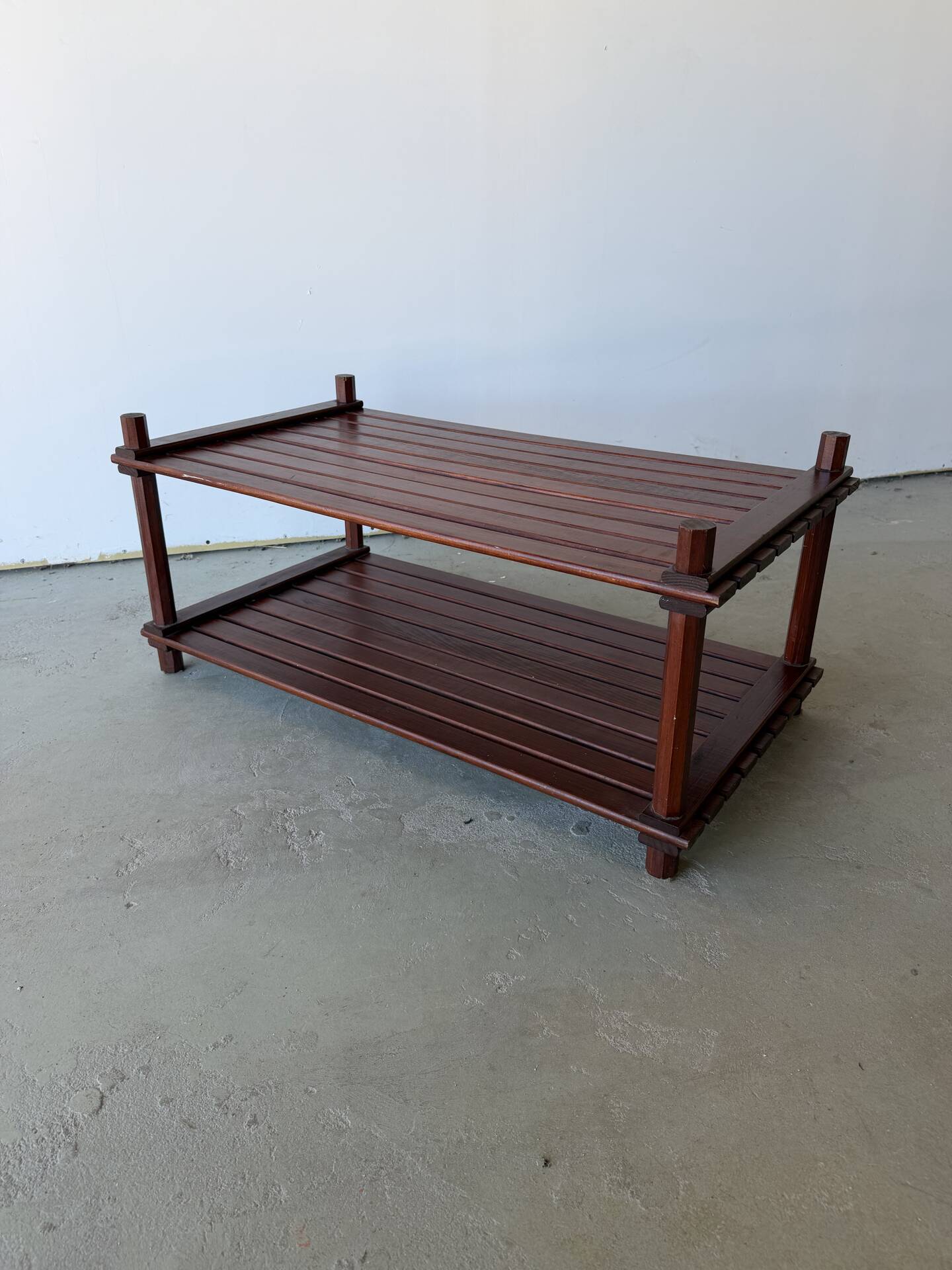 Pine slatted coffee table in vintage 1970s Scandinavian design.