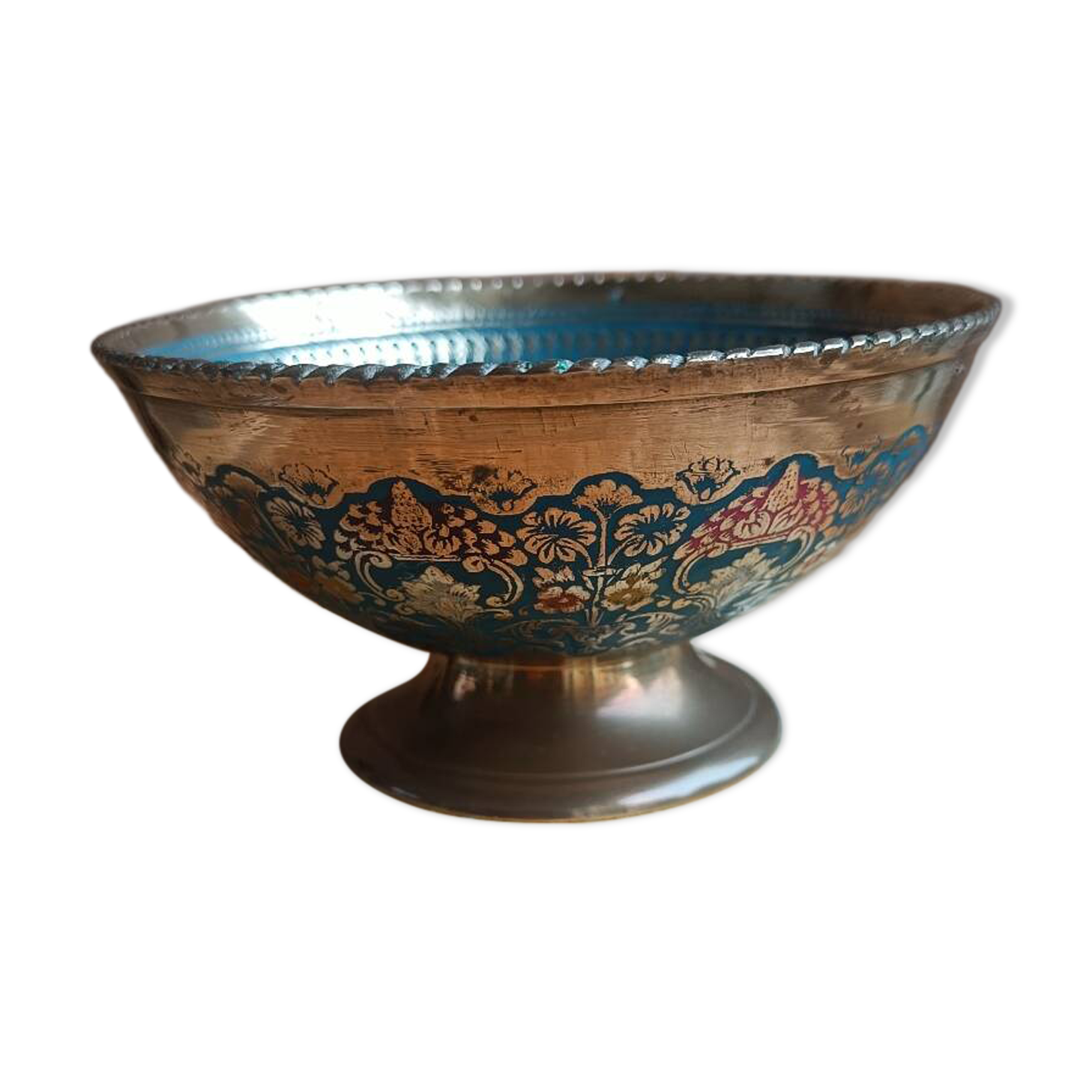 Brass footed bowl with coloured patterns