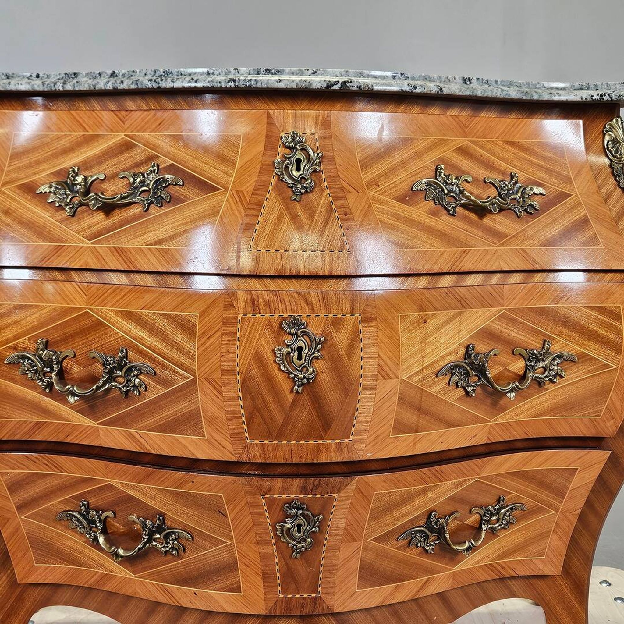 Rococo-Style Chest of Drawers — Stone Top, Mahogany & Brass Fittings