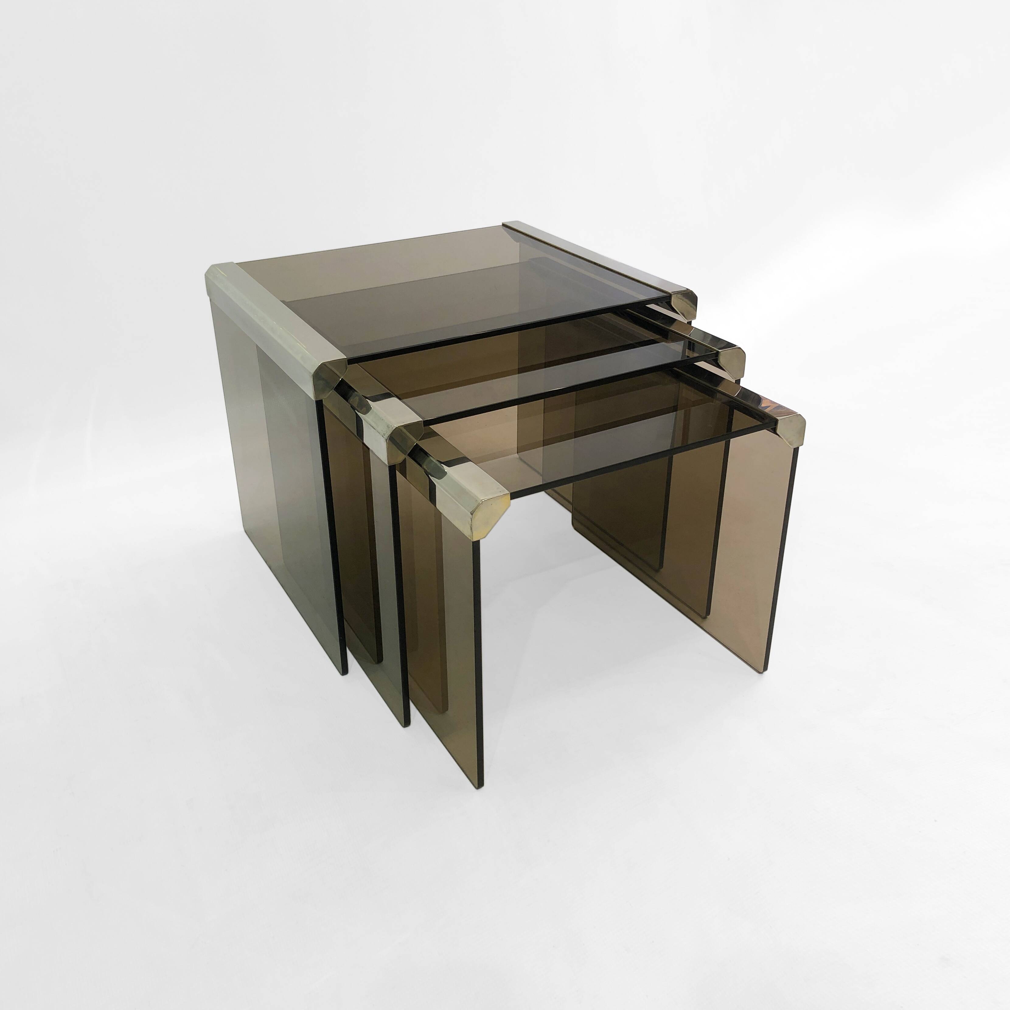 Gallotti & Radice ‘Tris’ T35 Smoked Glass Nest Side Tables Chrome