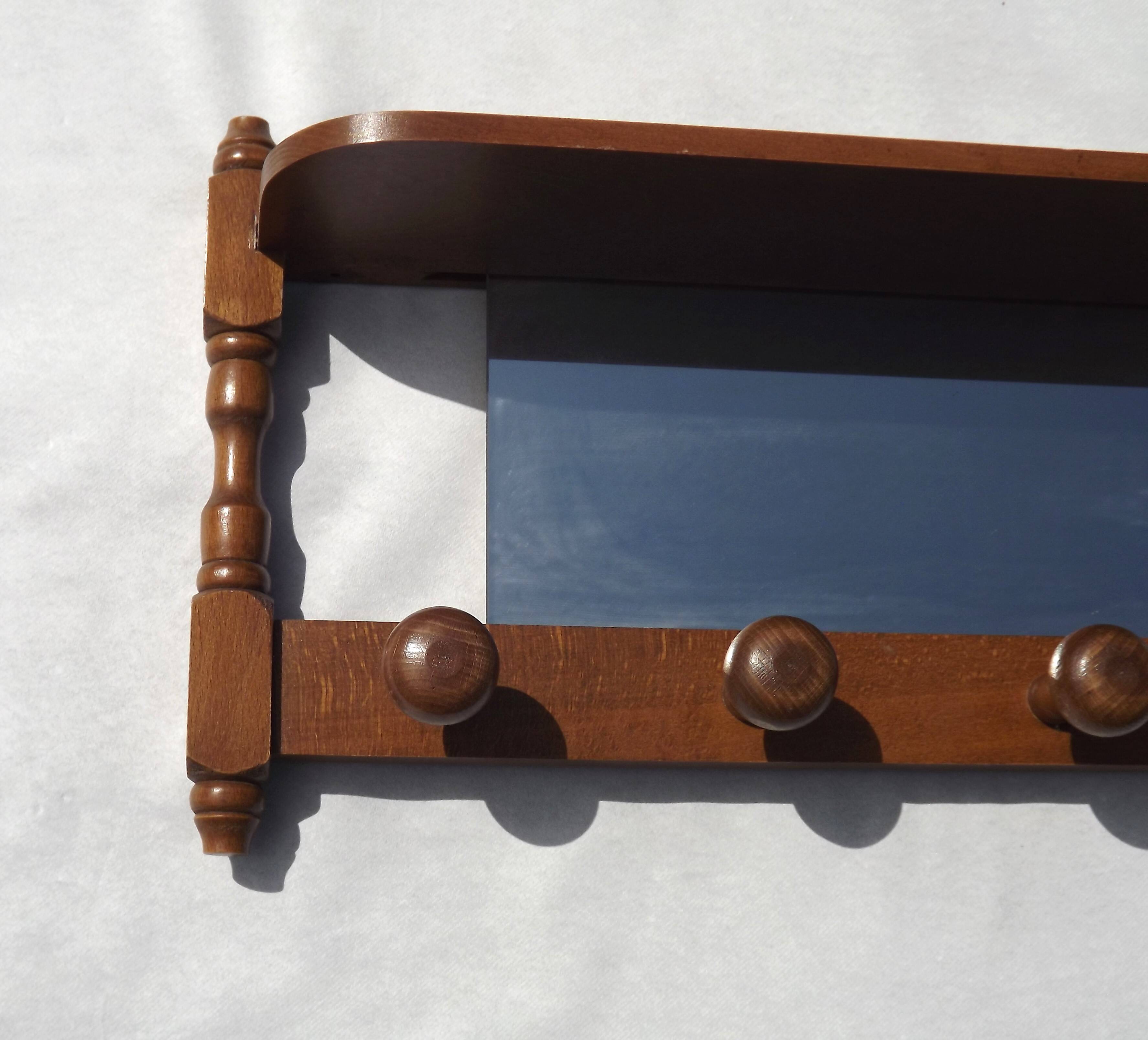 Porte-manteau mural vintage français du milieu du siècle avec miroir et étagère 3529