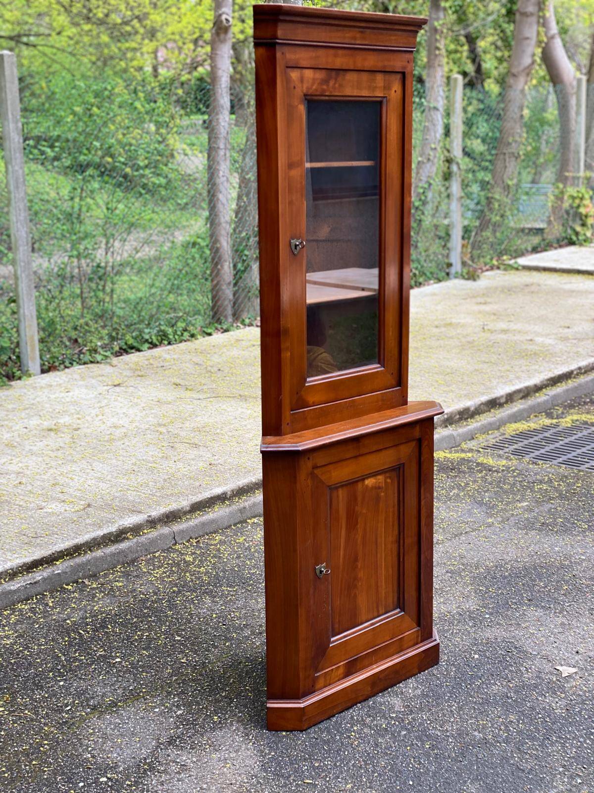 Vitrine d'angle 2 corps encoignure Louis Philippe en bois massif du 19ème