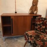 Vintage sideboard 1960-80 walnut blond sliding doors and base chrome