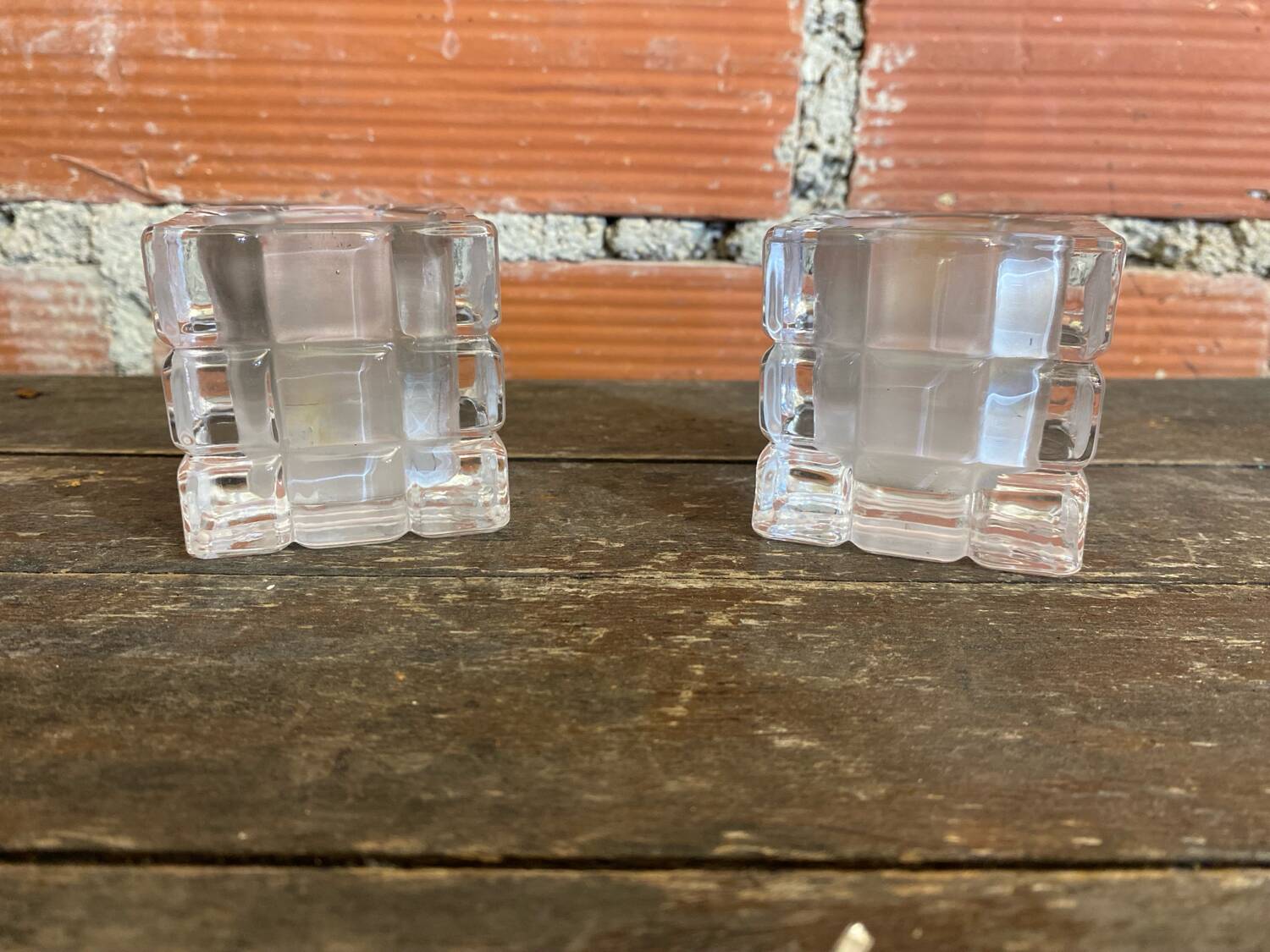 Pair of Modernist Cube Design Candle Holders Moulded Glass 1970s Vintage